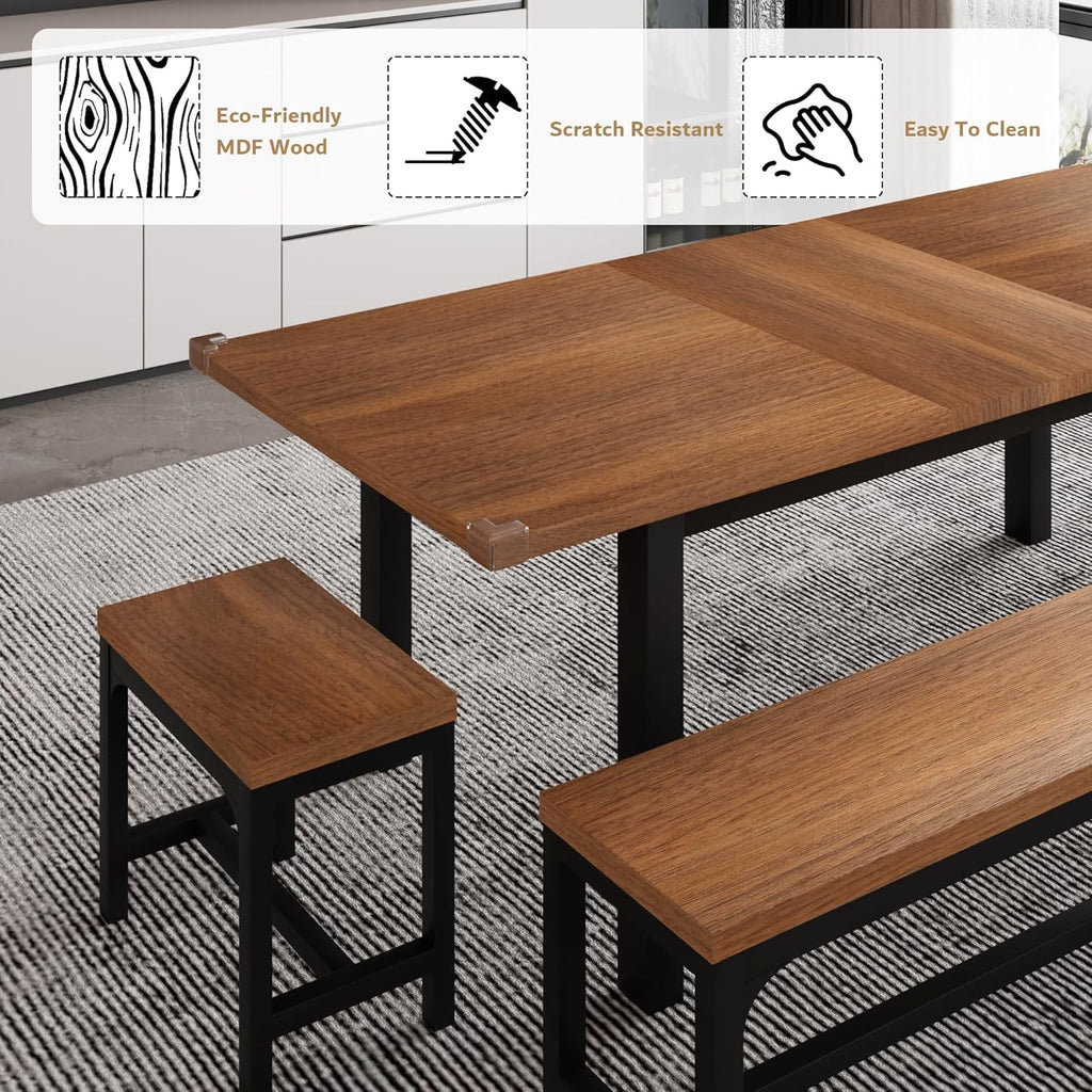 iPormis extendable dining table set with two benches and two stools, seating 4-8 people in a modern kitchen setting.