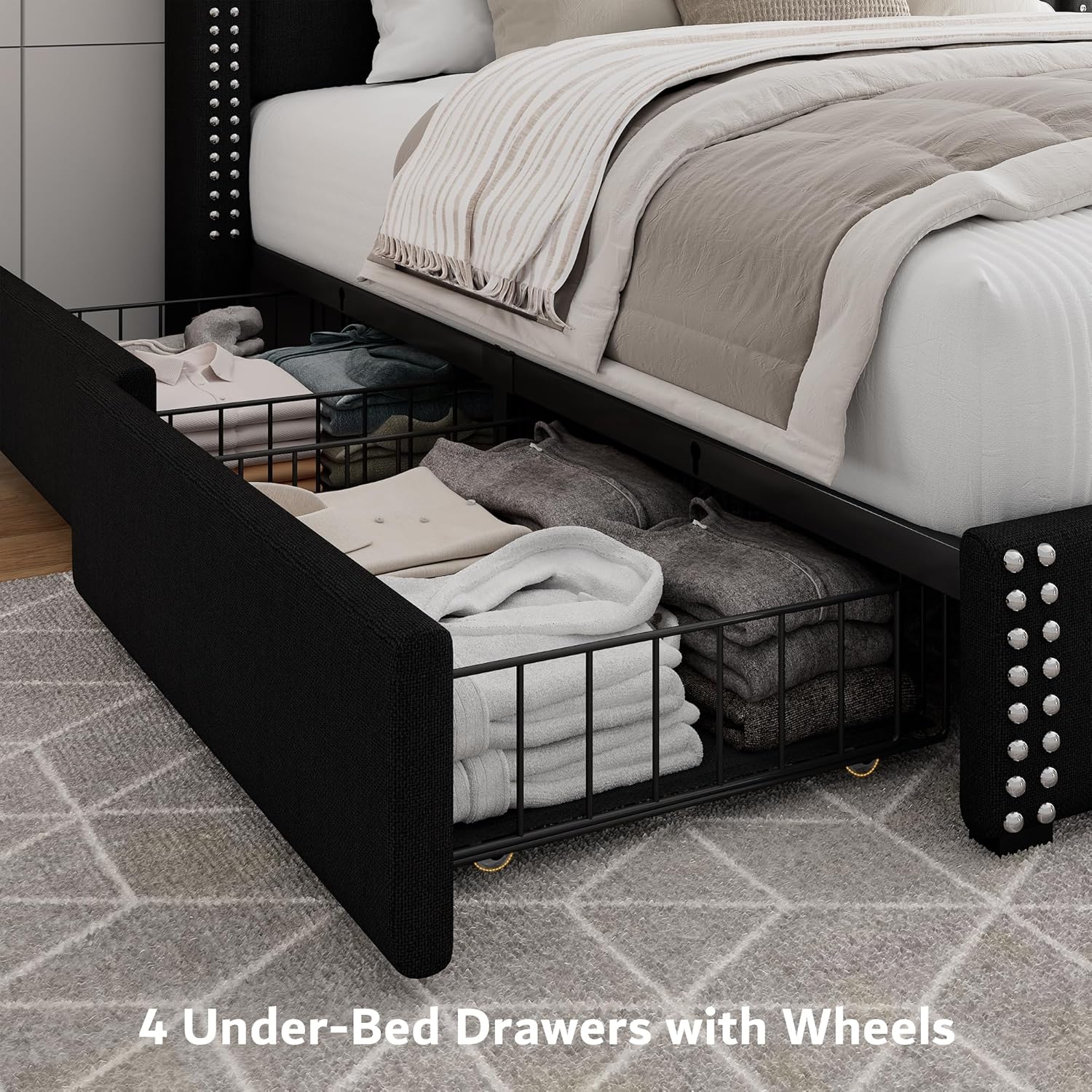 iPormis Full Size Bed Frame with 4 Storage Drawers, Upholstered Headboard Bed with Charging Station, Solid Wooden Slats Support, Easy Assembly, Black