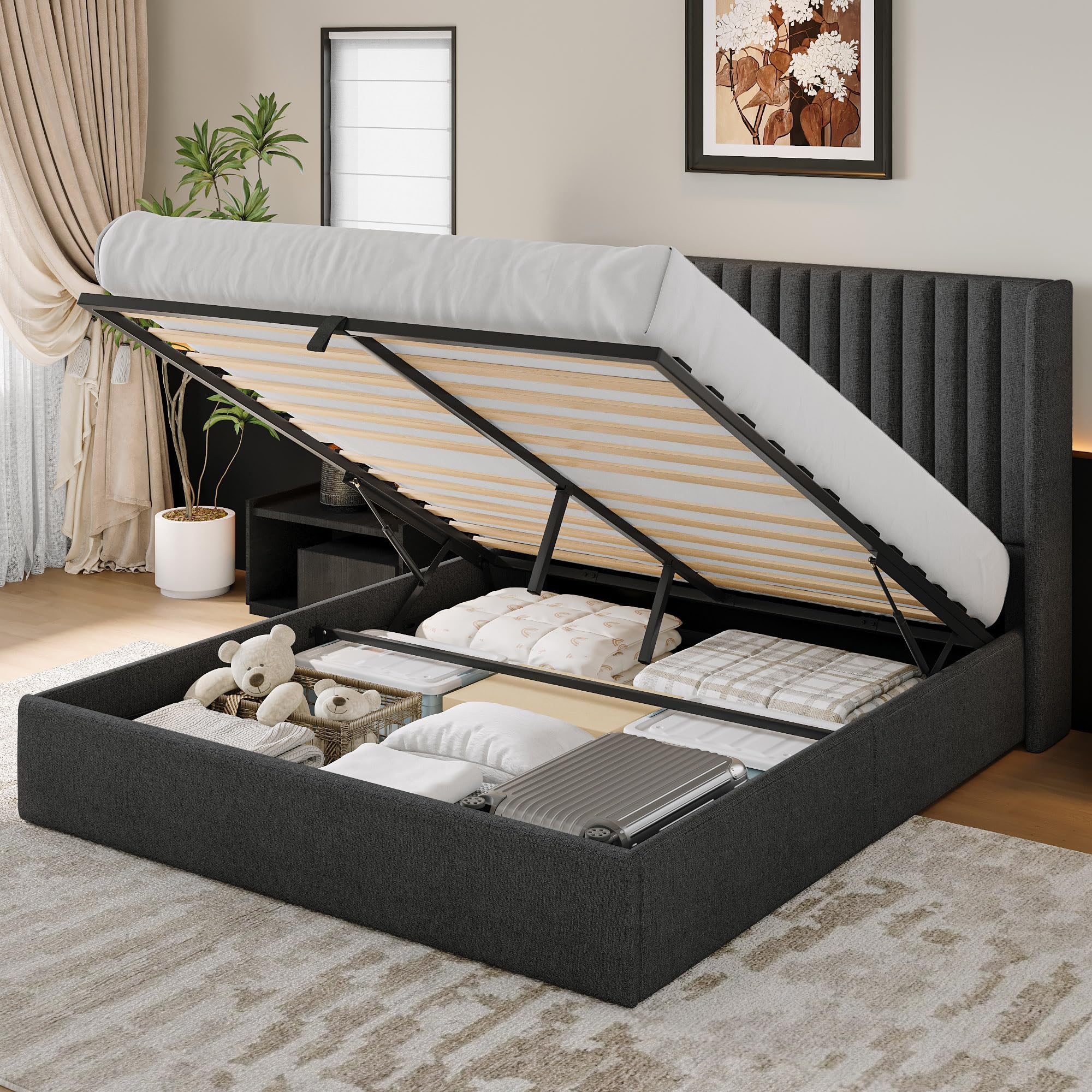 iPormis Full Size Lift up Storage Bed Frame with Wingback Headboard, Modern Linen Upholstered Platform Bedframe with Hydraulic Lifts, Sturdy Wood Slats, Easy Assembly, Beige