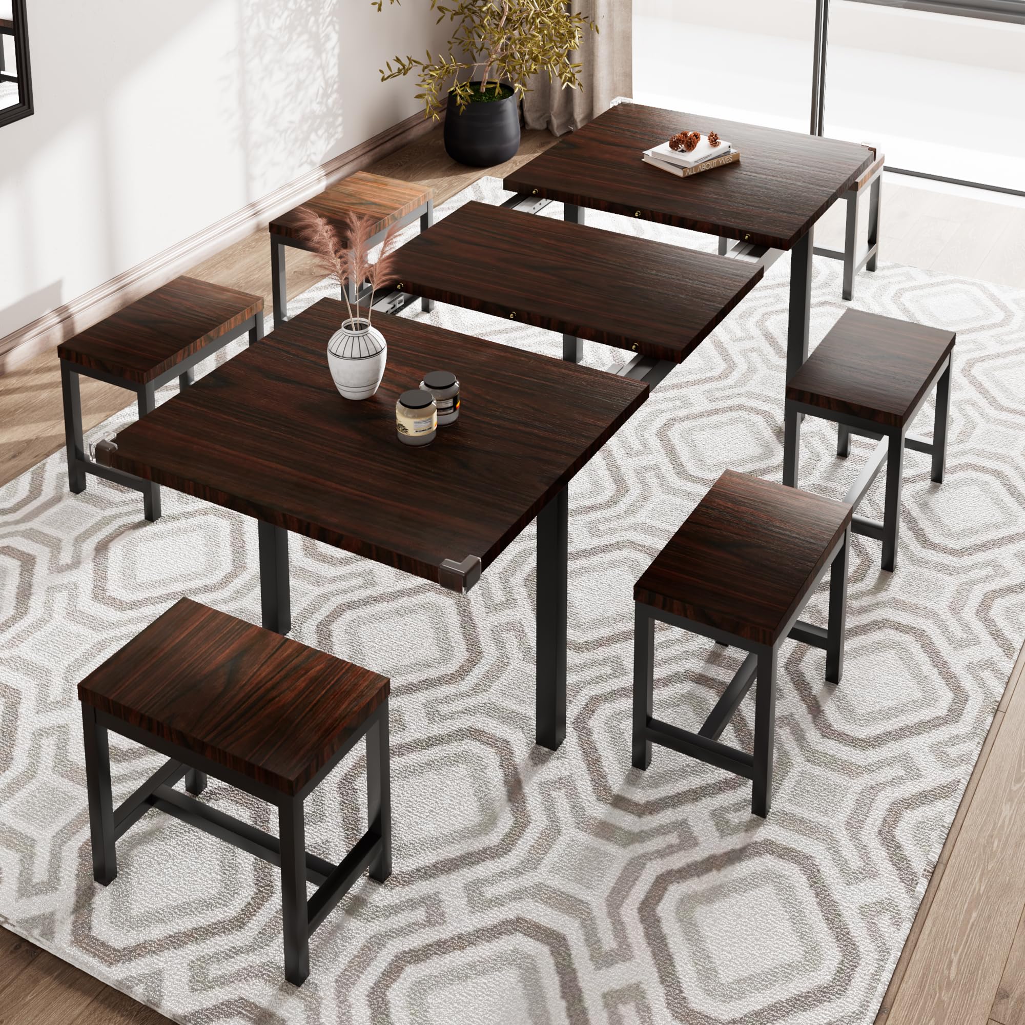 iPormis 7-piece dining table set featuring a 63" extendable table and 6 stools in a modern kitchen setting.