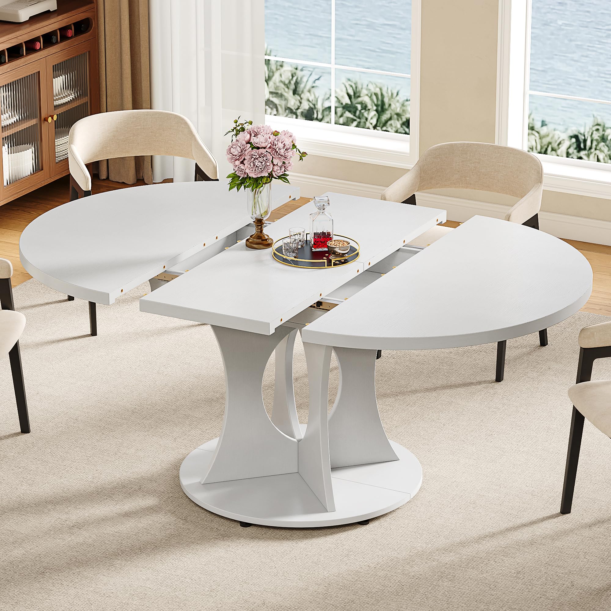 iPormis 47 Inch Round Dining Table for 4-6 People, Wooden Dining Room Table with Pedestal Base, Modern Kitchen Table for Small Spaces, Black, Table Only