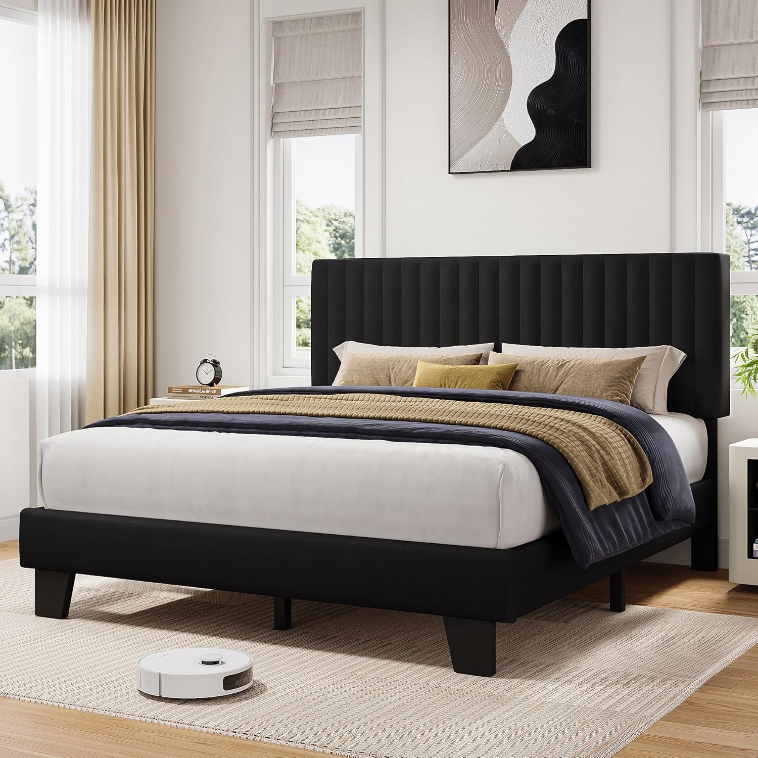 iPormis Full Size Bed Frame, Upholstered Platform Bed with Vertical Linen Headboard, Wide Bed Legs and Strong Wood Slats Support, No Box Spring Needed, Easy Assembly, Noise Free, Black
