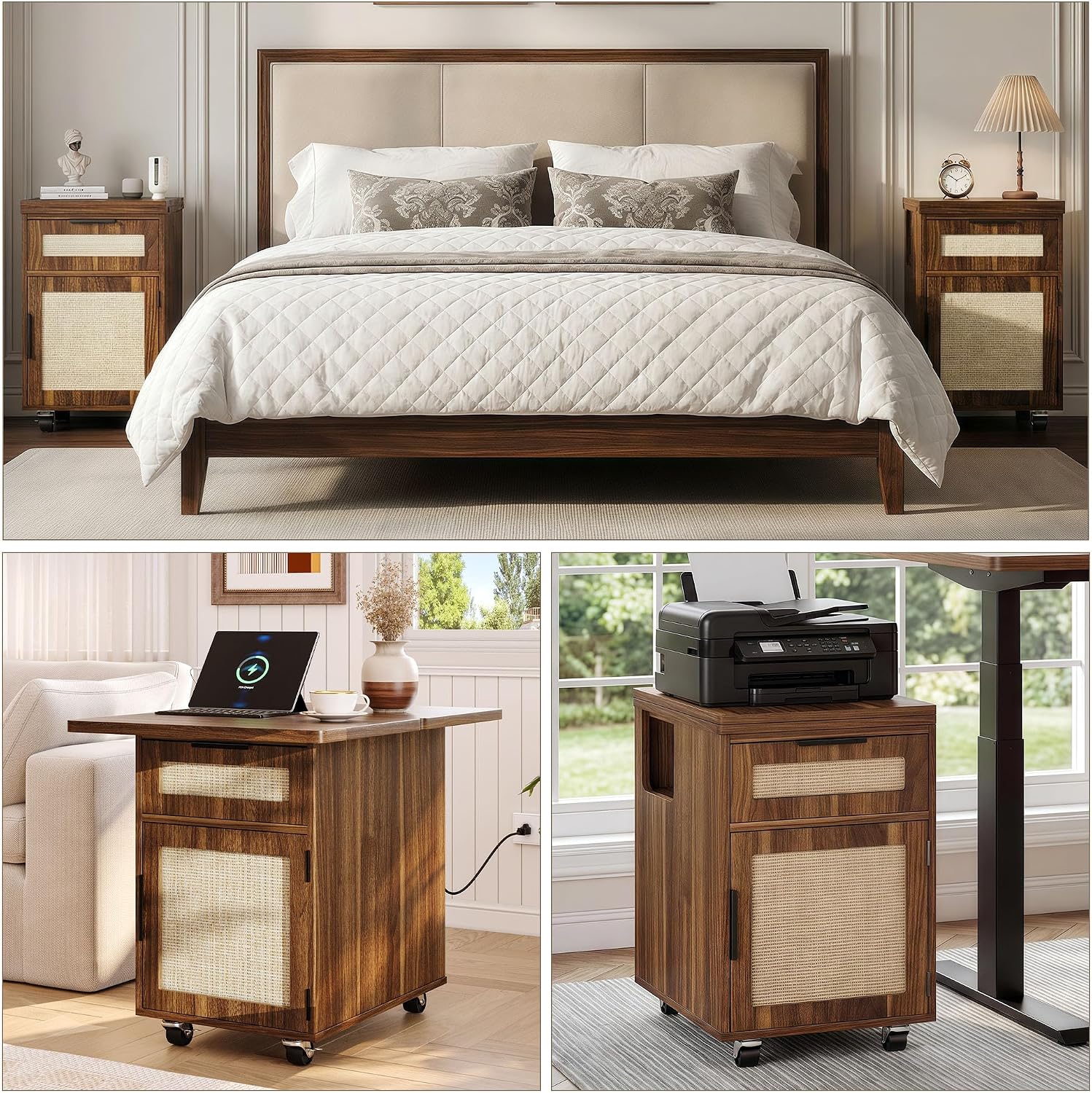iPormis Narrow Nightstand with Charging Station, Extendable Desktop, Drawer | 15.7''-31.5'' Expandable Surface, Rolling Wheels, Rattan Wood Storage Cabinet, Space-Saving for Bedroom Small Spaces, Walnut
