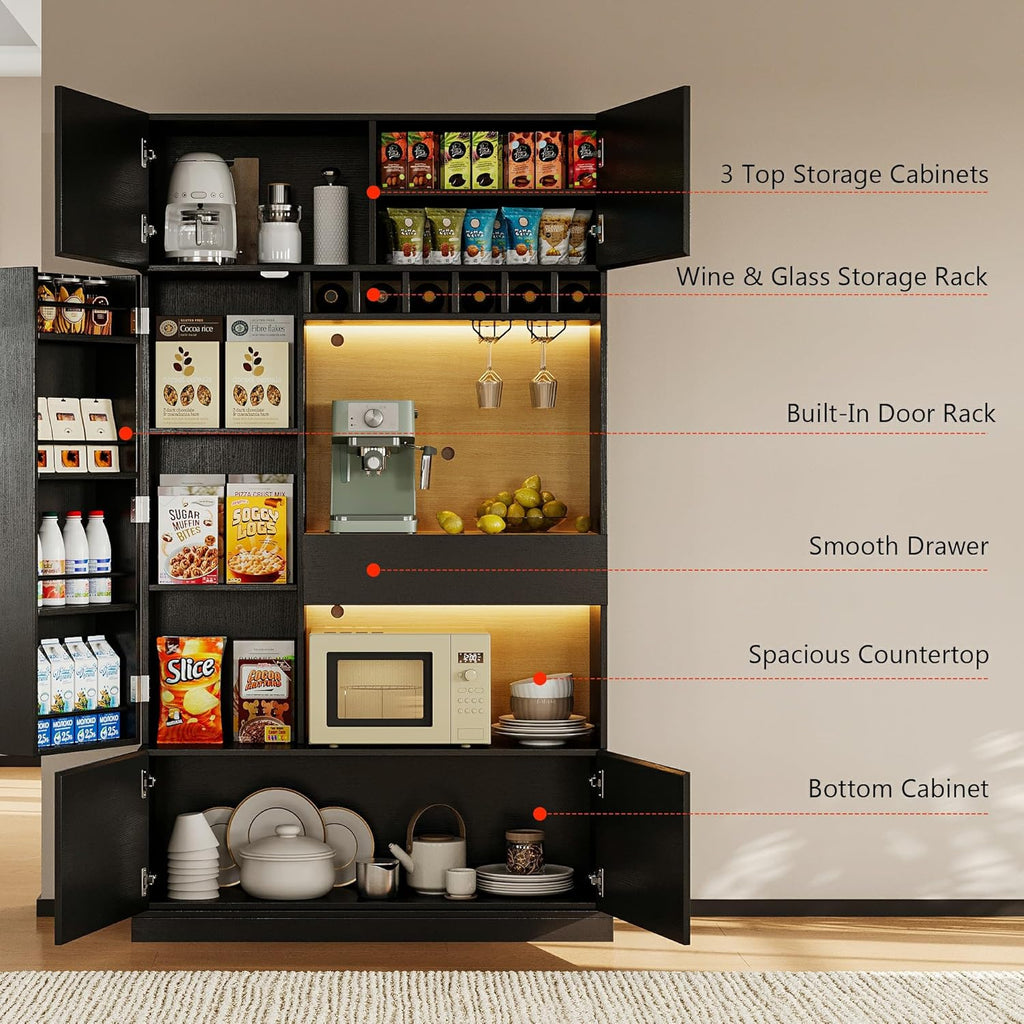 iPormis 69" Tall Kitchen Pantry Storage Cabinet with LED Lights & Microwave Stand & Wine Rack, Kitchen Hutch with Door Shelves & Adjustable Shelf & Drawers & Charge Station for Living Room, Black