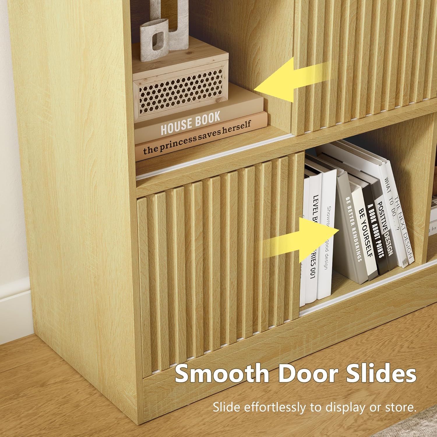 iPormis 12 cube storage organizer with 6 fluted sliding doors in oak finish, showcasing a modern and functional design.