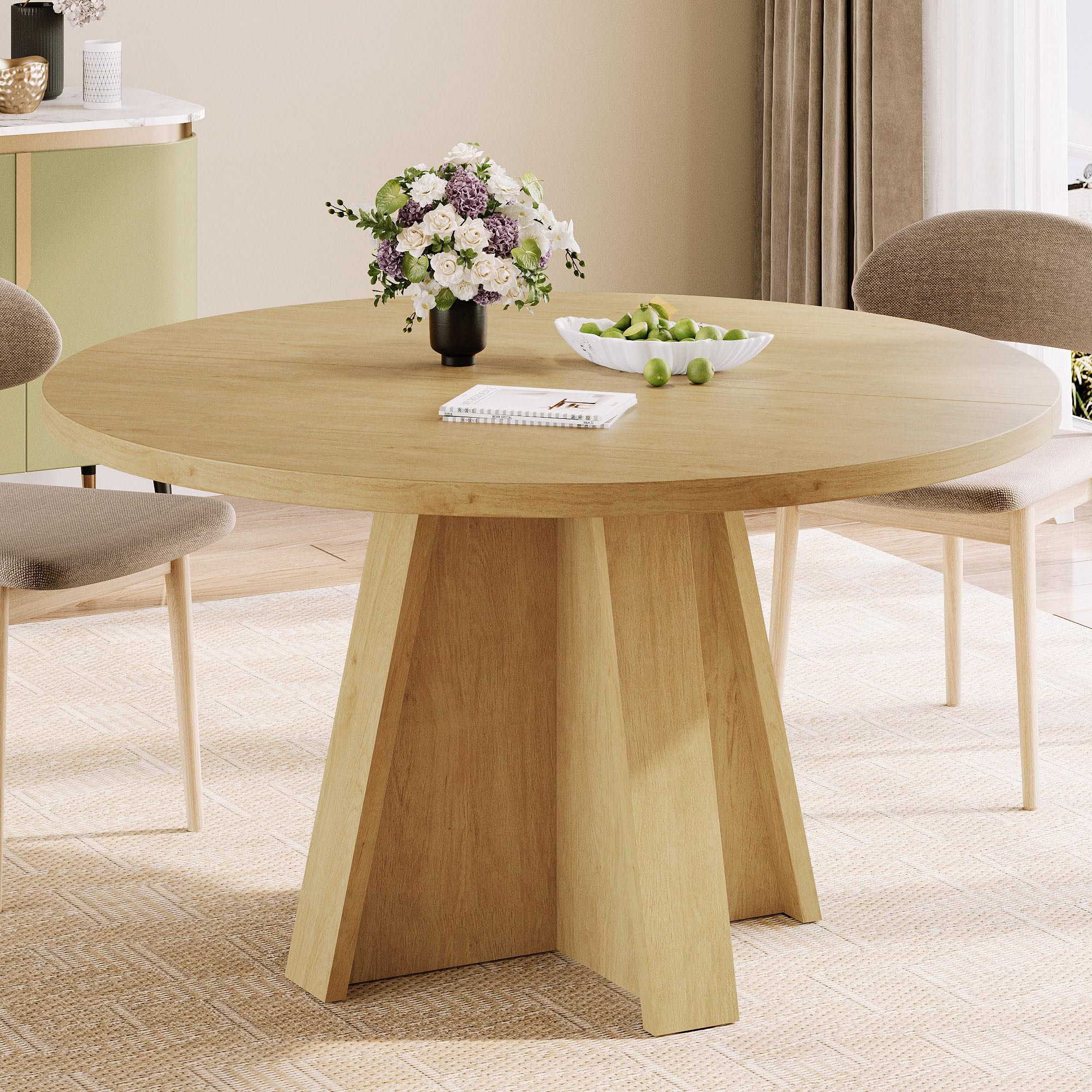 iPormis 43.3in-59in Extendable Round Dining Table for 4-6, Modern Wooden Kitchen Table for Dining Room, Adjustable Size Oval Circle Dinner Tables Furniture for Kitchen Living Room, Natural