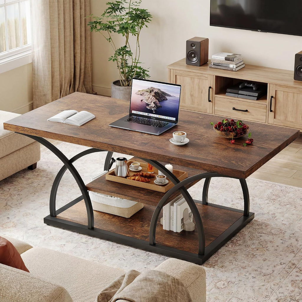 iPormis Rustic Coffee Table with Storage, 3 Tier Center Living Room Tables, 47 Inches Industrial Wood Rectangle Cocktail Tea Accent Table, Semicircle Metal Frame, Brown