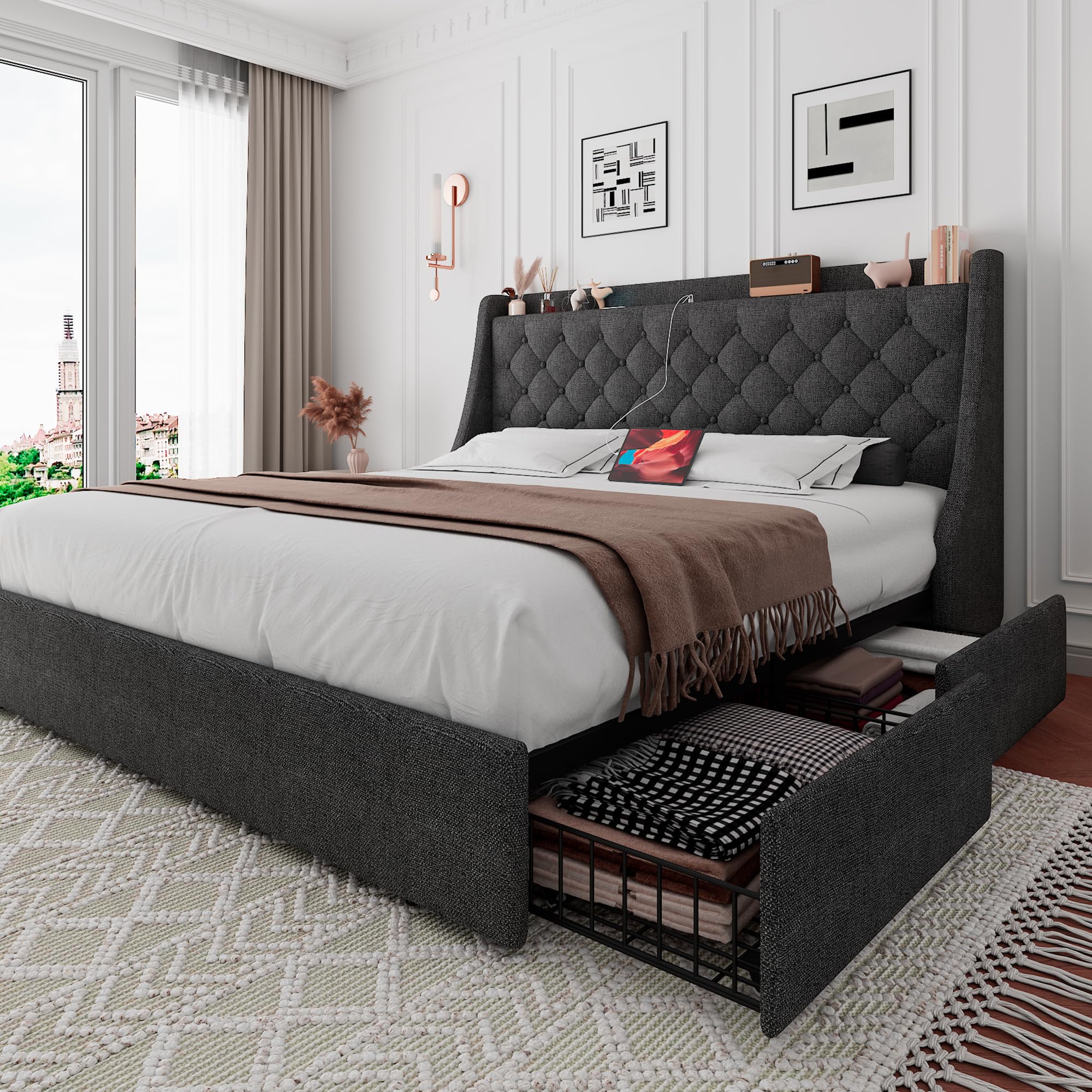 iPormis Queen Bed Frame with 4 Storage Drawers, Upholstered Platform Bed Frame with Type-C & USB Ports, Wingback Storage Headboard, Solid Wood Slats, No Box Spring Needed, Dark Gray