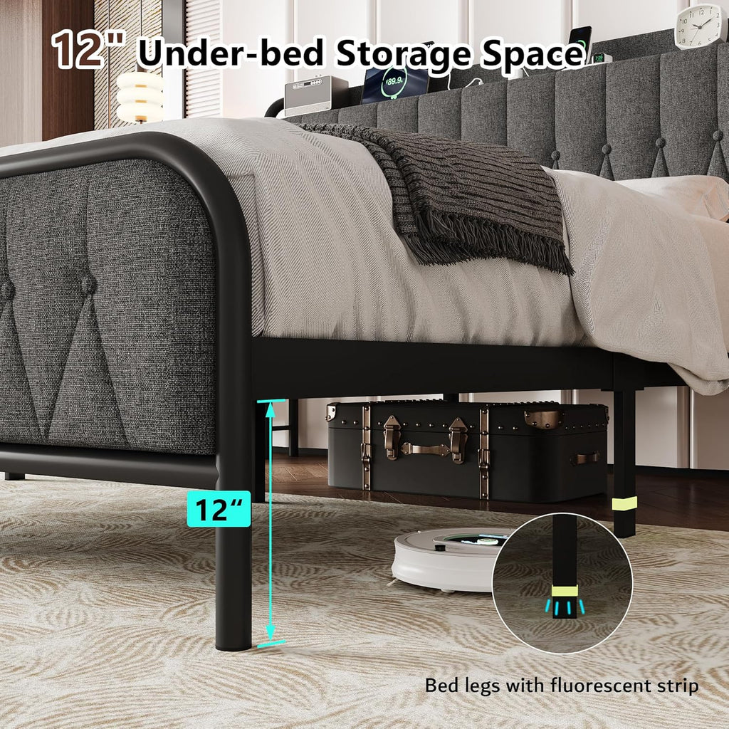 iPormis Metal Bed Frame Queen Size with Charging Station, Velvet Upholstered Headboard and Footboard, Heavy Duty Steel Support, 12" Under Bed Storage, No Box Spring Needed, Easy Assembly, Dark Grey