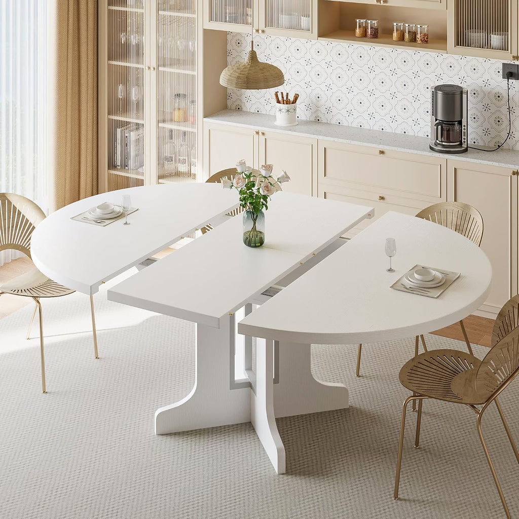 Modern iPormis 59" round extendable dining table in white, set for 4-6 people, showcasing sleek design and finish.