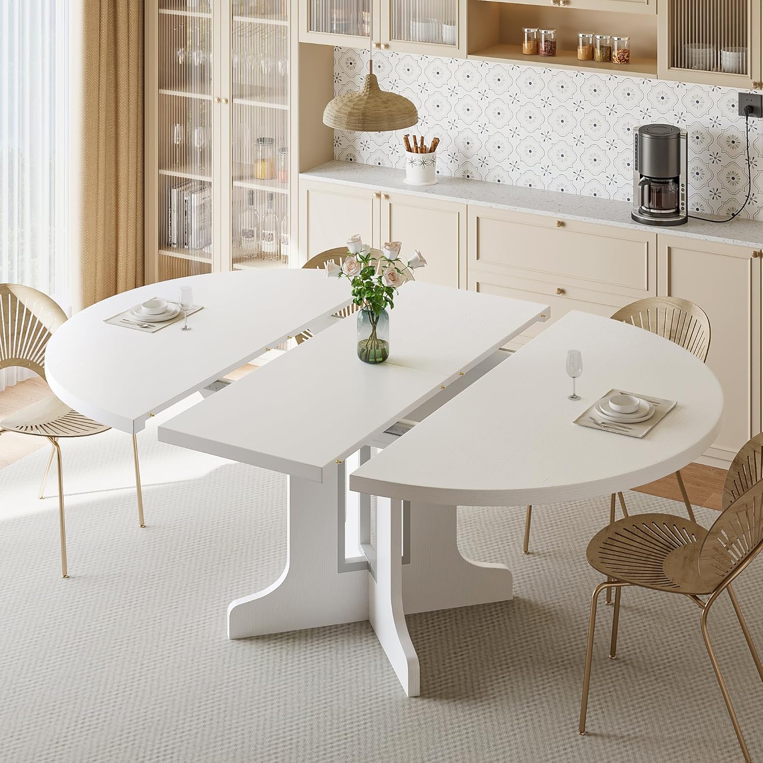 Modern iPormis 59" round extendable dining table in white, set for 4-6 people, showcasing sleek design and finish.