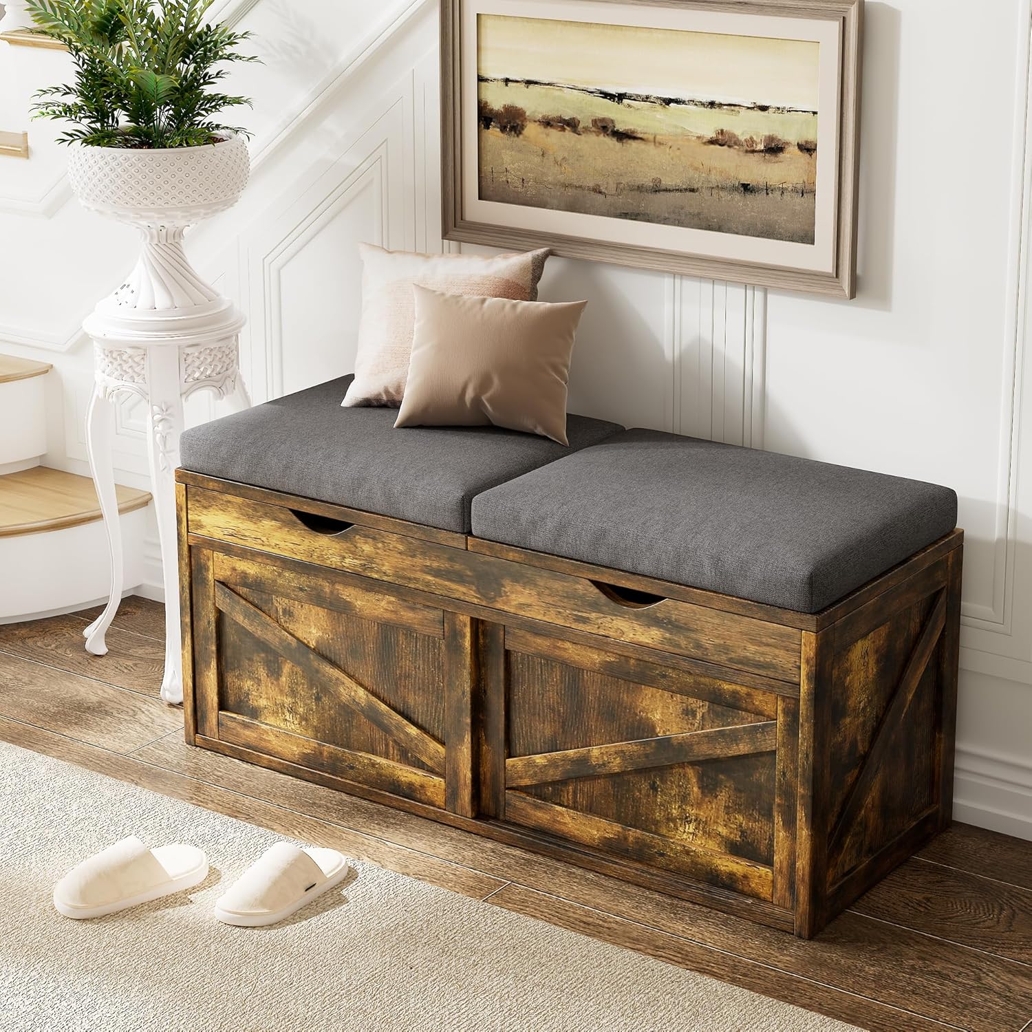 iPormis Shoe Storage Bench,40" Wide 2-Tier Shoe Bench with Padded Seat Cushion and Lift Top Storage,Entryway Bench with Adjustable Shelf,Wooden End of Bed Bench,Rustic Brown