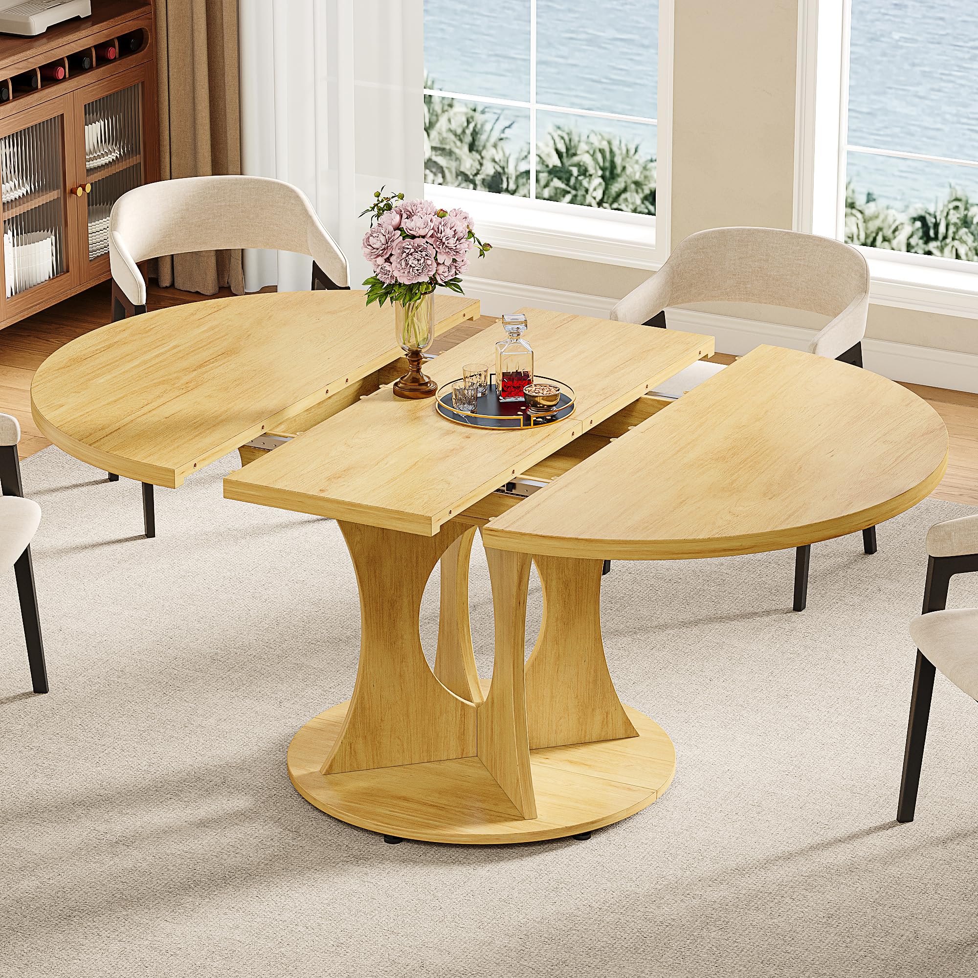 iPormis 47 Inch Round Dining Table for 4-6 People, Wooden Dining Room Table with Pedestal Base, Modern Kitchen Table for Small Spaces, Black, Table Only