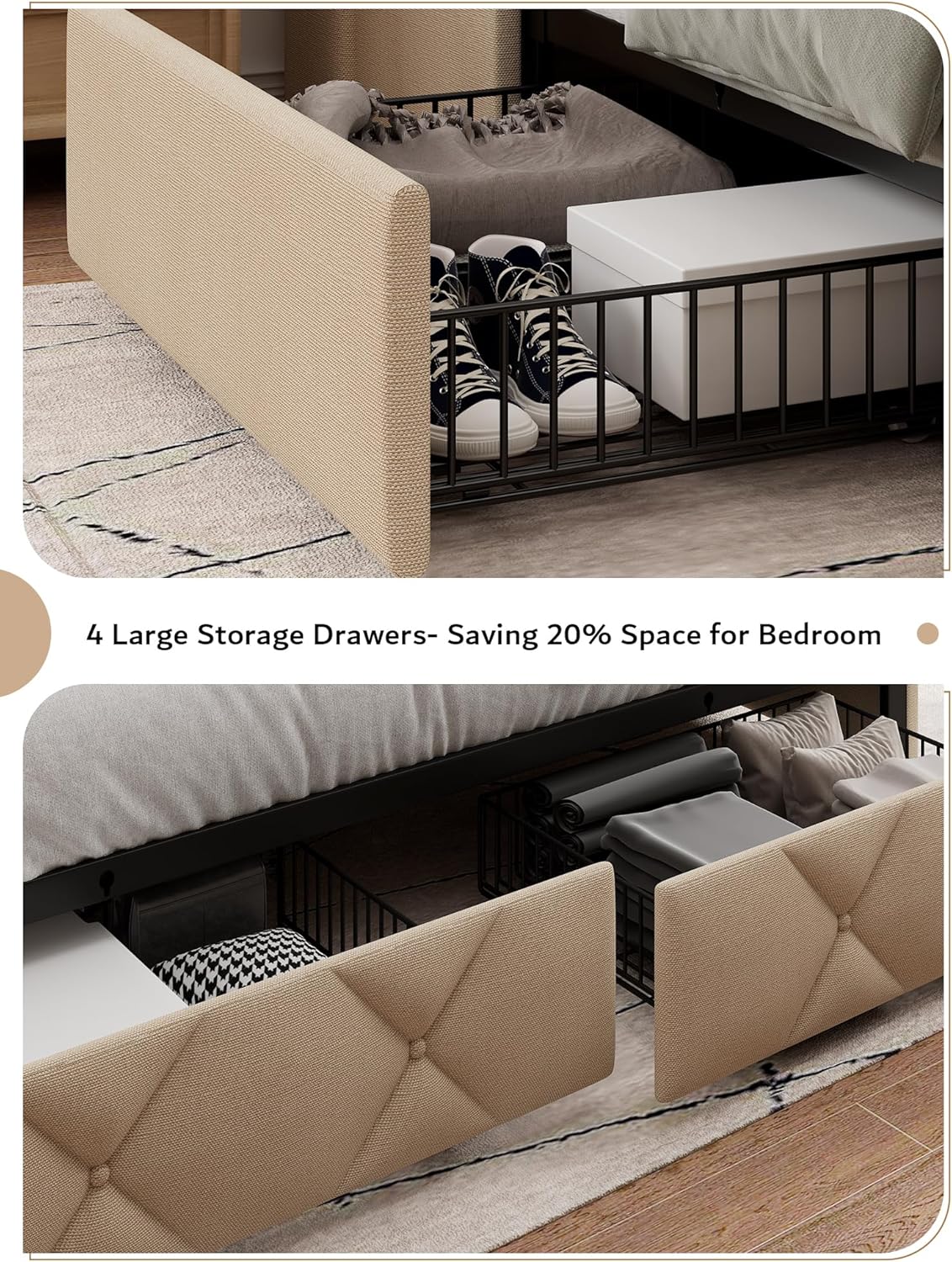 iPormis Queen Bed Frame with 4 Storage Drawers, Upholstered Platform Bed Frame with Charging Station, Modern Wingback Storage Headboard, Easy Assembly, Beige