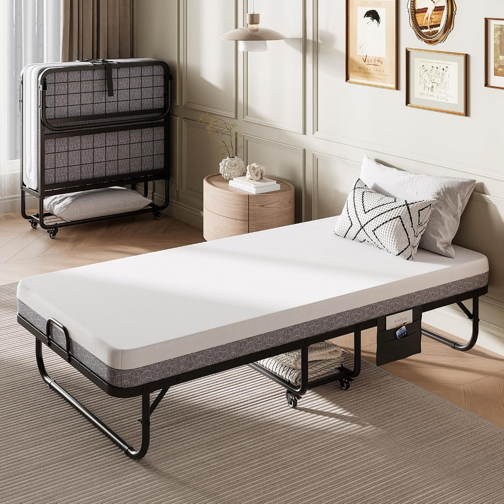 iPormis Folding Bed with Mattress, 76" x 38" Portable Foldable Bed with Side Pocket & Storage Shelf, Twin Rollaway Beds for Adults, Folded Up Beds w/Sturdy Metal Frame for Guestroom, Space Saving