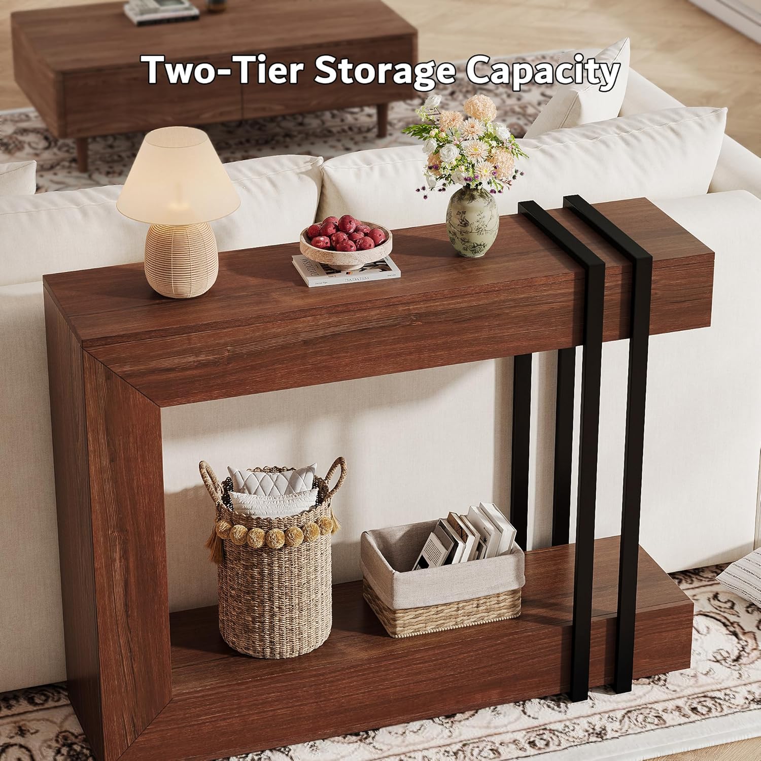 iPormis 42.5-inch console table with two tiers, designed for entryway or behind couch, featuring a sleek wood finish.