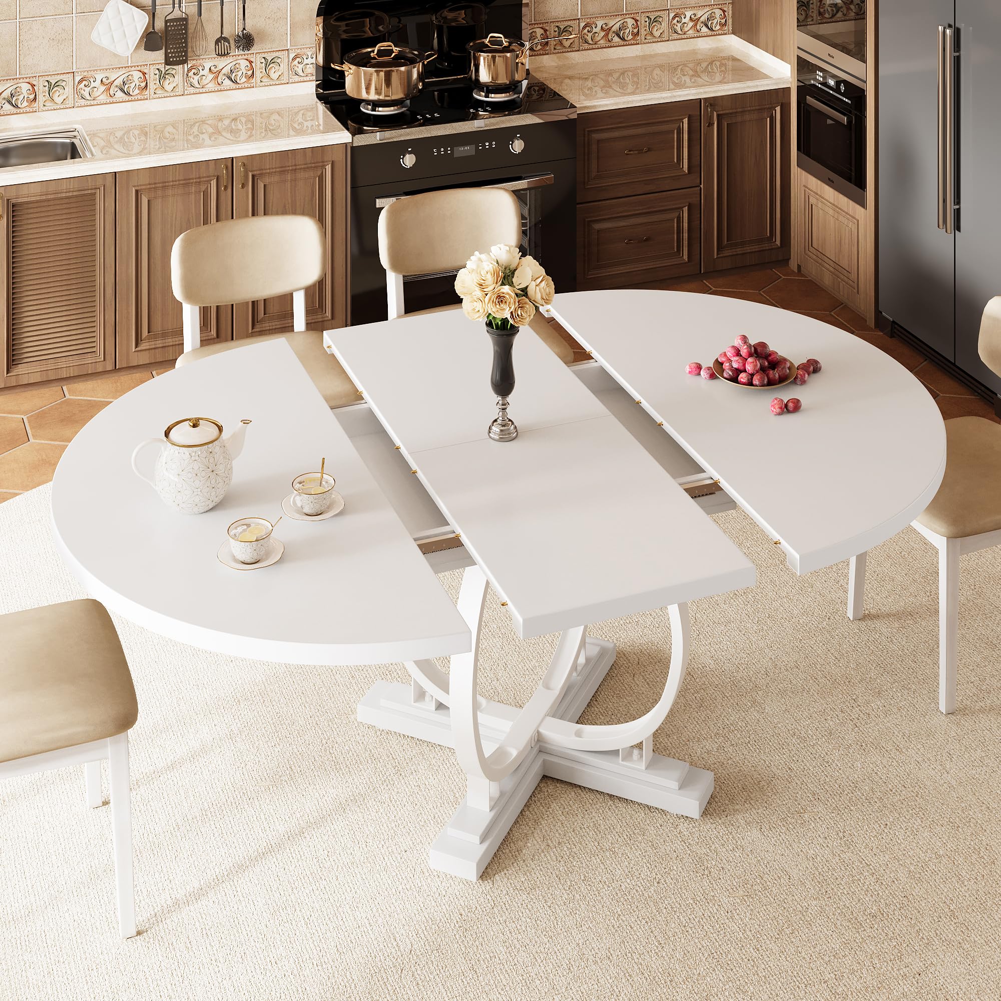 iPormis 59'' Extendable Round Dining Table for 4 to 6, Kitchen Table with Sturdy X-Base Metal Legs, MDF Board with Backboard Clasp, Space Saving, Easy Assembly, Kitchen, Dining Room, Walnut