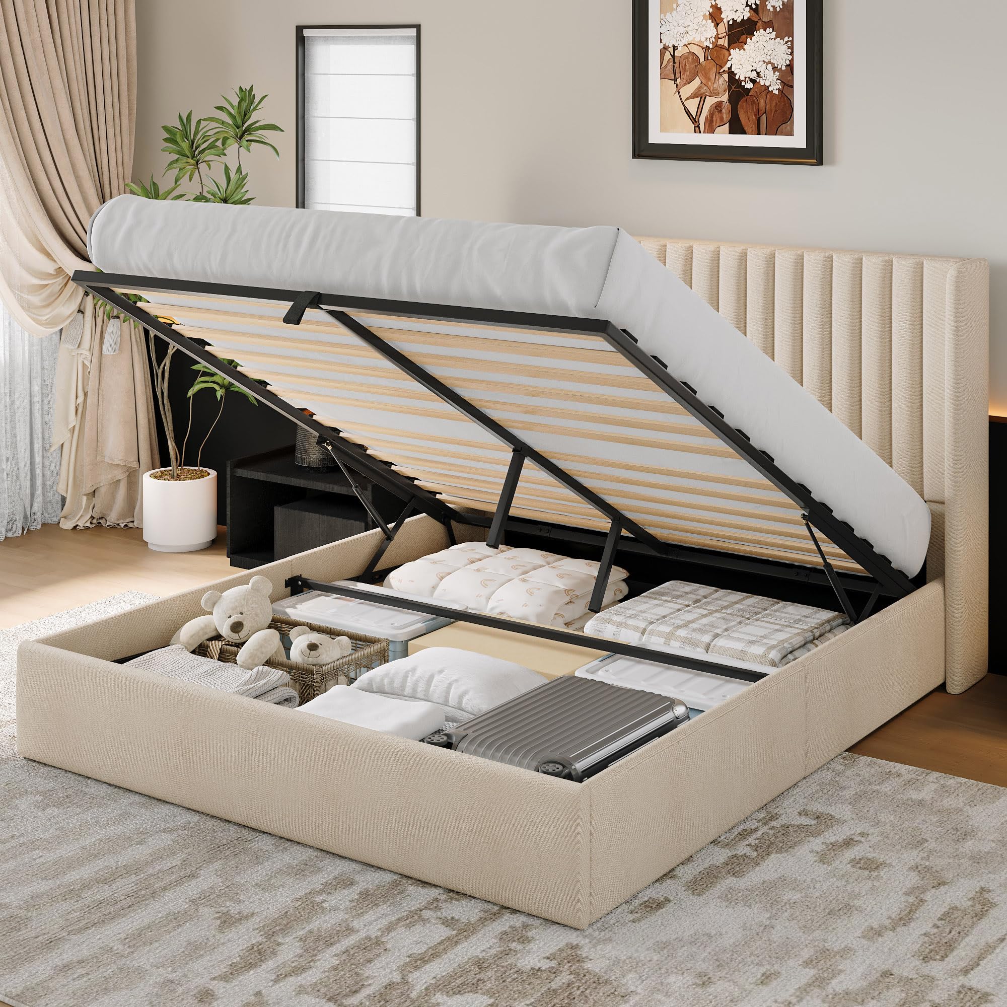 iPormis Full Size Lift up Storage Bed Frame with Wingback Headboard, Modern Linen Upholstered Platform Bedframe with Hydraulic Lifts, Sturdy Wood Slats, Easy Assembly, Beige