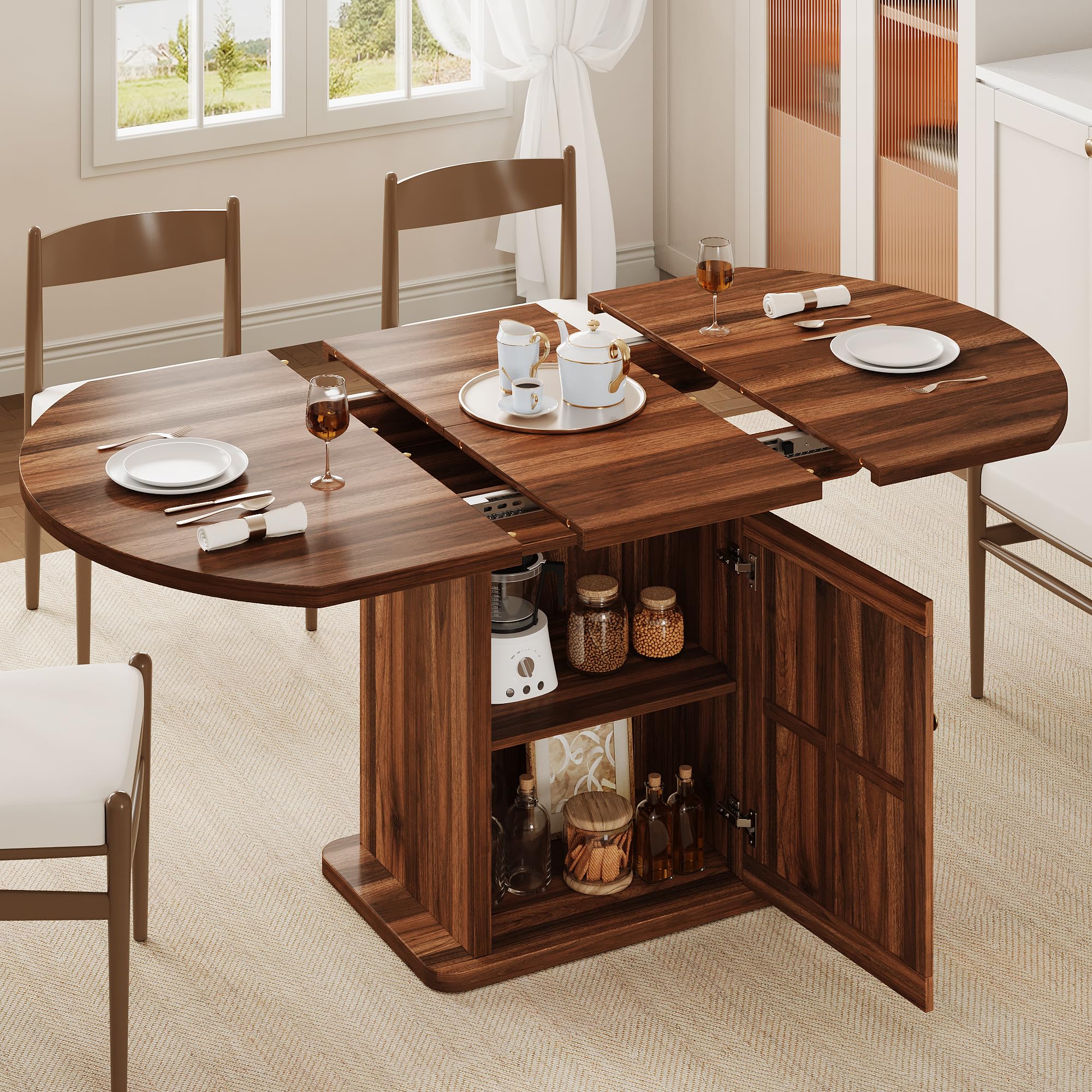 iPormis Round Dining Table for 4-6, 59'' Extendable Dining Room Kitchen Table with 2-Tier Storage Shelf, Wood Dinner Table with Door, Sturdy Pedestal Base, Space Saving, Kitchen, Dining, Black