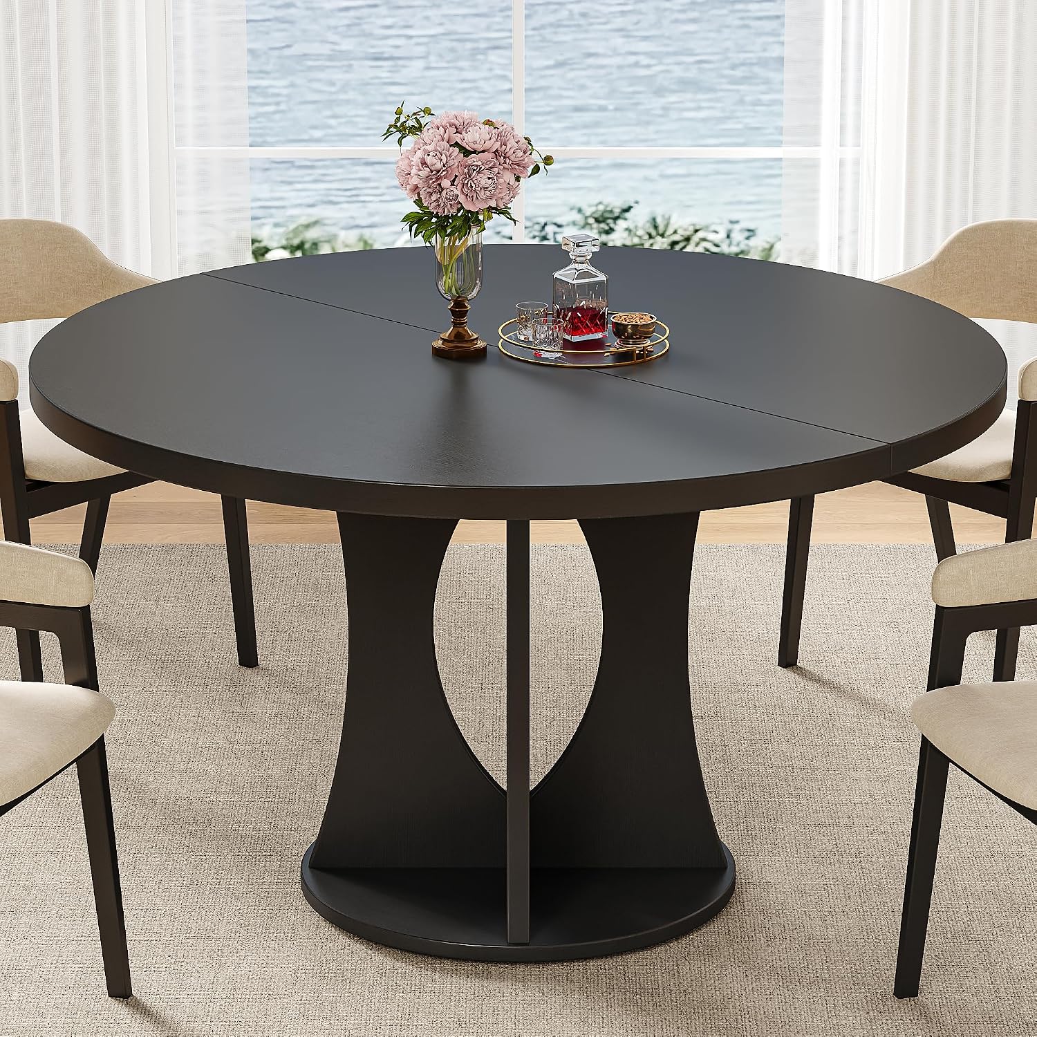 iPormis 47 Inch Round Dining Table for 4-6 People, Wooden Dining Room Table with Pedestal Base, Modern Kitchen Table for Small Spaces, Black, Table Only