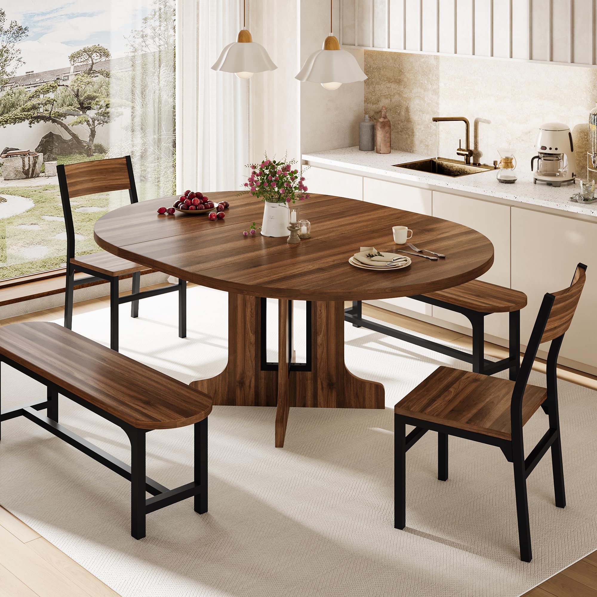 iPormis 5-Piece Round Dining Table Set for 4-6, 59" Extendable Dining Room Table Set with 2 Ergonomic Chairs & 2 Benches, Oval Modern Dinette Table with Metal Frame & MDF Board, Space-Saving, Black