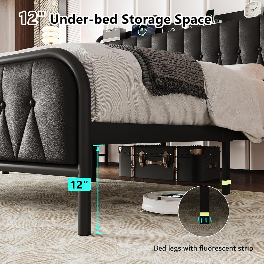 iPormis Metal Bed Frame Queen Size with Charging Station, Velvet Upholstered Headboard and Footboard, Heavy Duty Steel Support, 12" Under Bed Storage, No Box Spring Needed, Easy Assembly, Dark