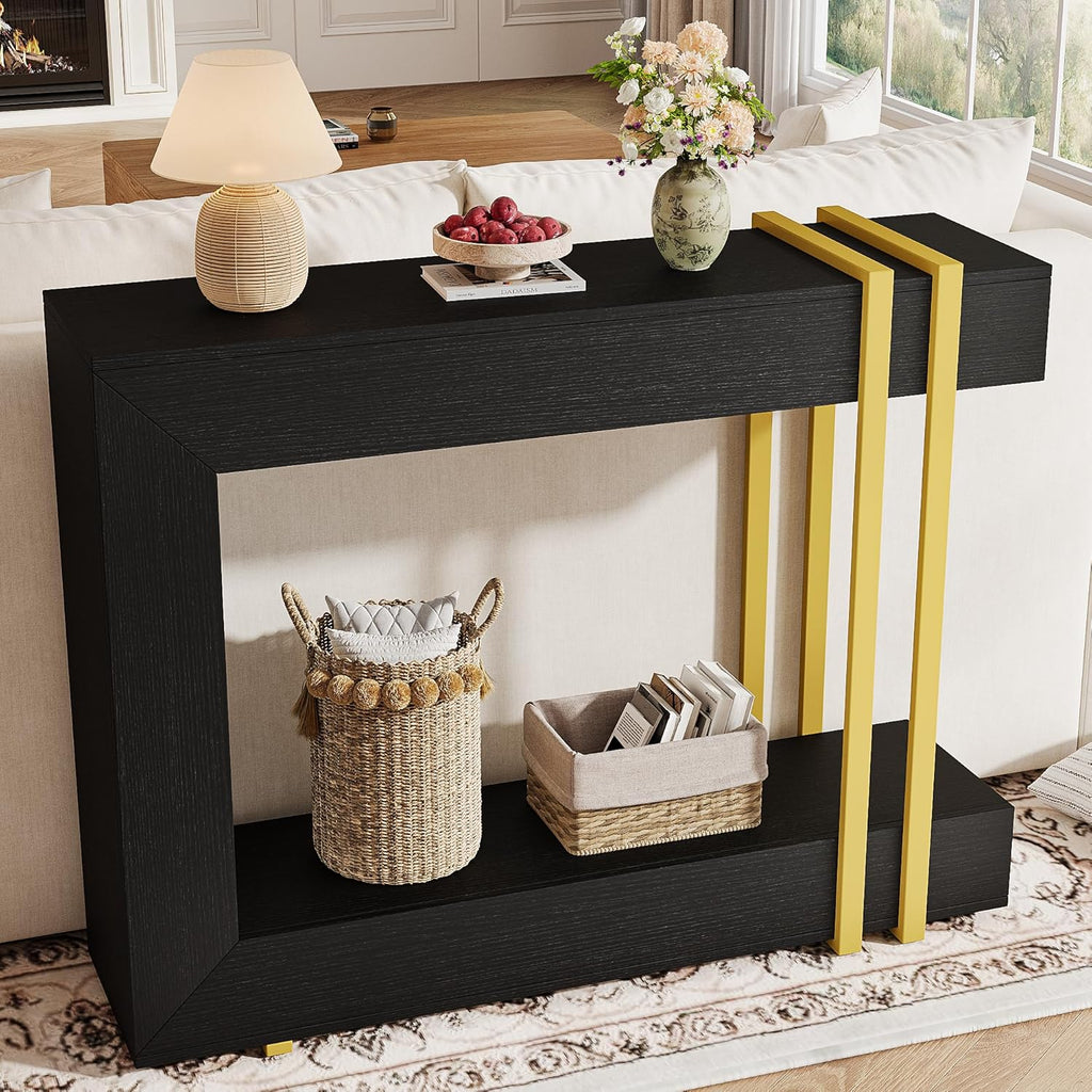 iPormis 42.5-Inch Console Table for Entryway, 2-Tier Sofa Table Behind Couch, Wood Entry Table with Storage & Metal Lines Base for Living Room, Hallway, Foyer, Black