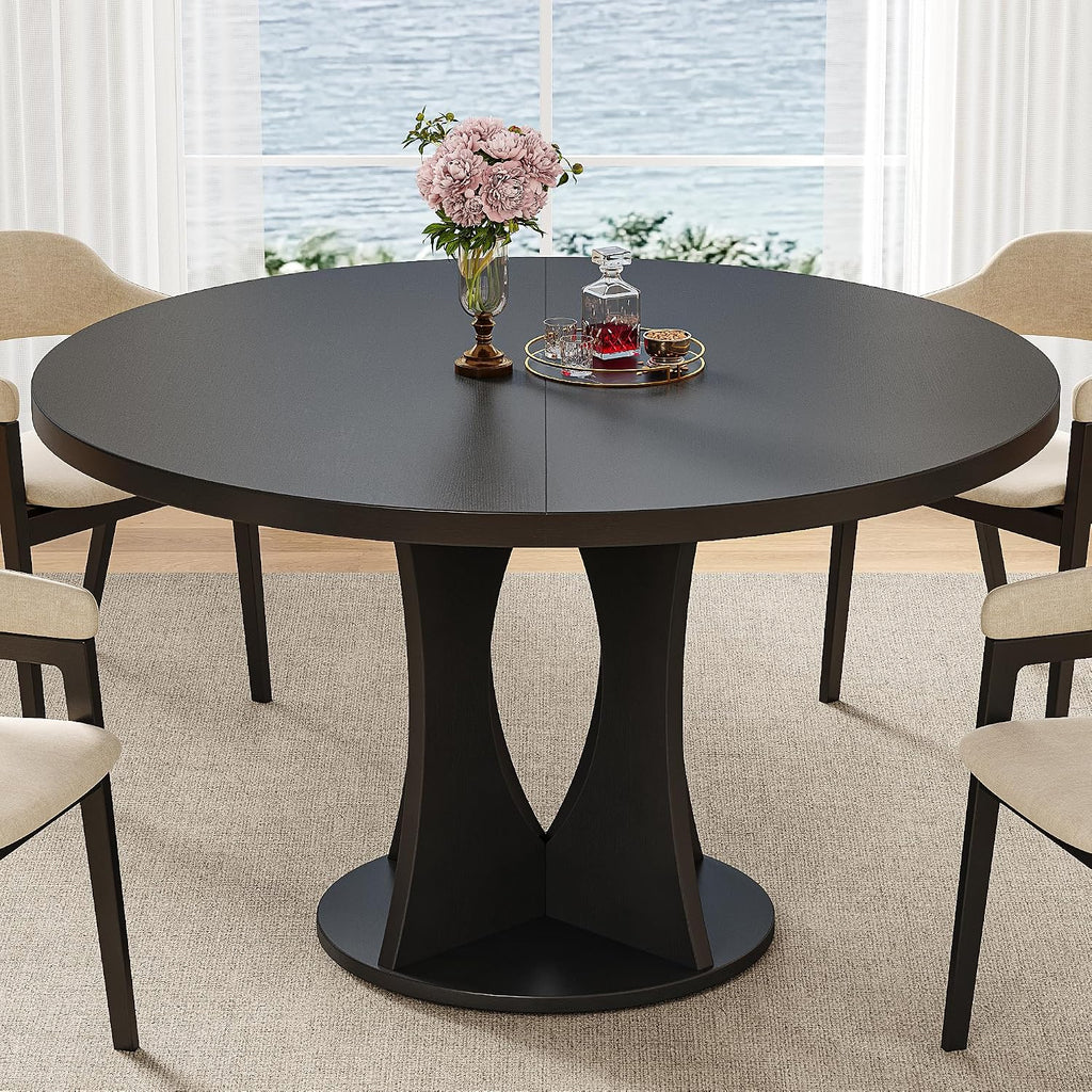 iPormis 47 Inch Round Dining Table for 4-6 People, Wooden Dining Room Table with Pedestal Base, Modern Kitchen Table for Small Spaces, Black, Table Only