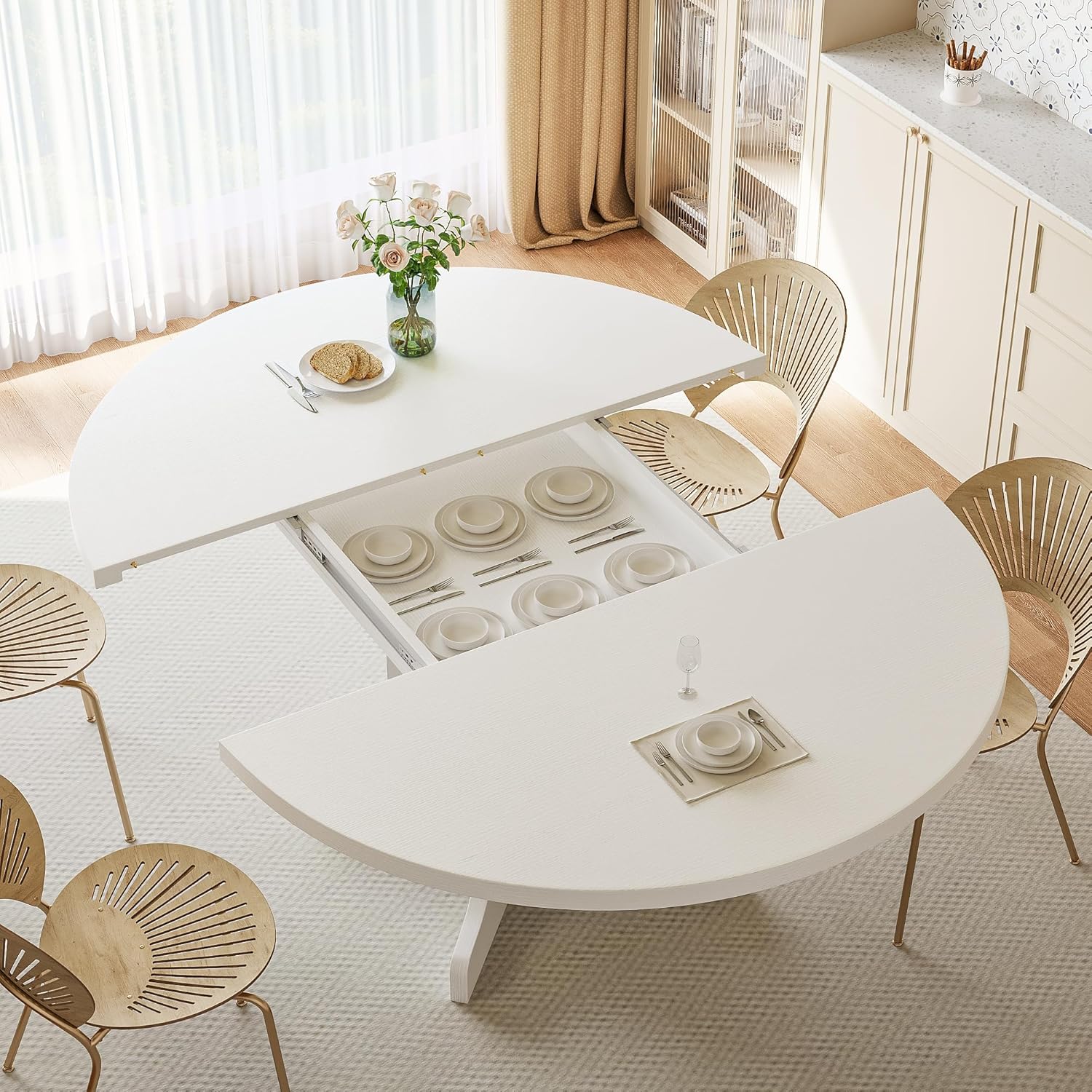 Modern white iPormis 59" round extendable dining table for 4-6, featuring a sleek design for kitchen or dining room.