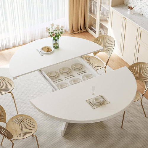 Modern white iPormis 59" round extendable dining table for 4-6, featuring a sleek design for kitchen or dining room.