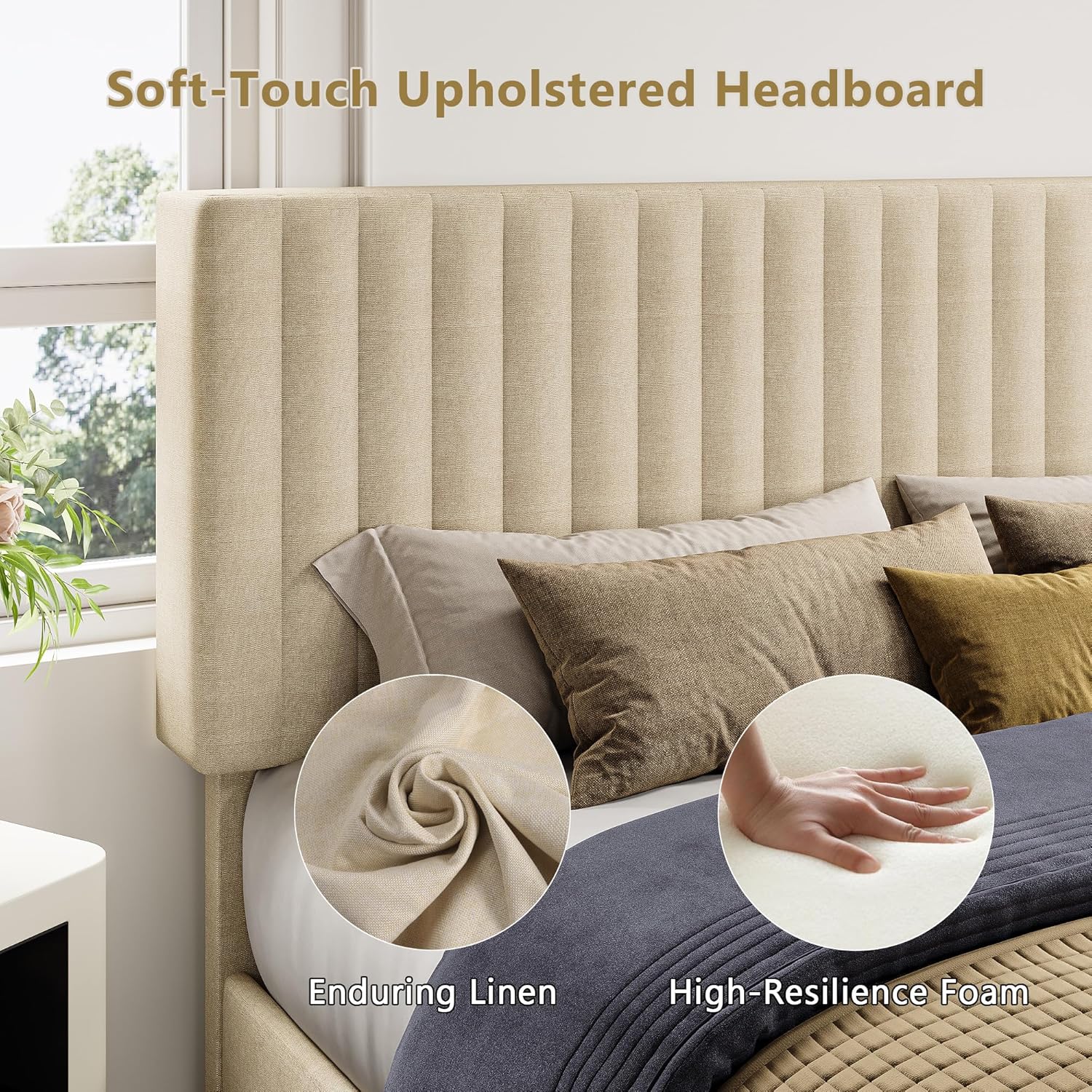 iPormis Queen Size Bed Frame, Upholstered Platform Bed with Vertical Linen Headboard, Wide Bed Legs and Strong Wood Slats Support, No Box Spring Needed, Easy Assembly, Noise Free, Beige