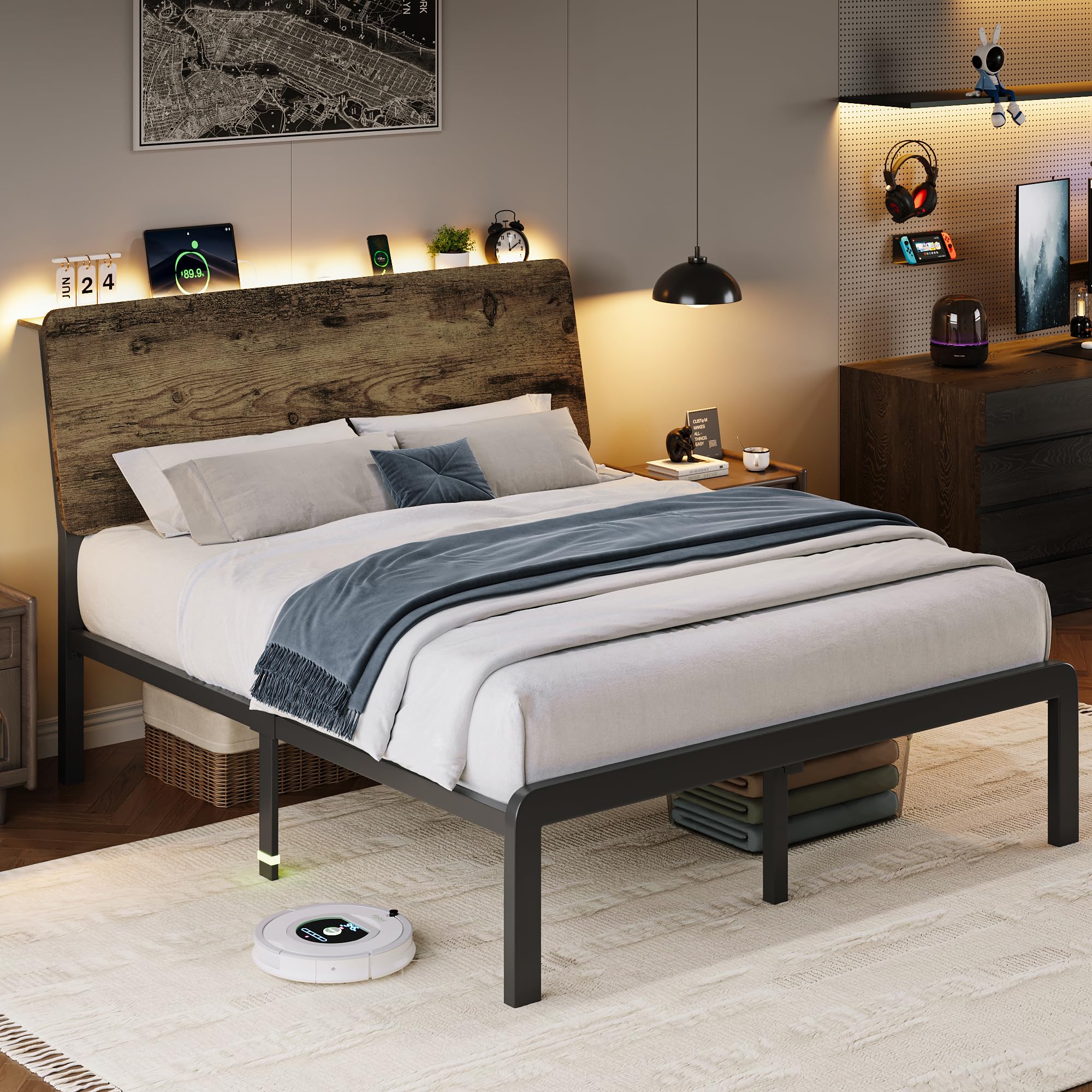 iPormis Queen Metal Bed Frame with LED Lights & Charging Station, Platform Bed with Ergonomic Storage Headboard, Steel Slats Supports, No Box Spring Needed, Noise-Free, Easy Assembly, Rustic