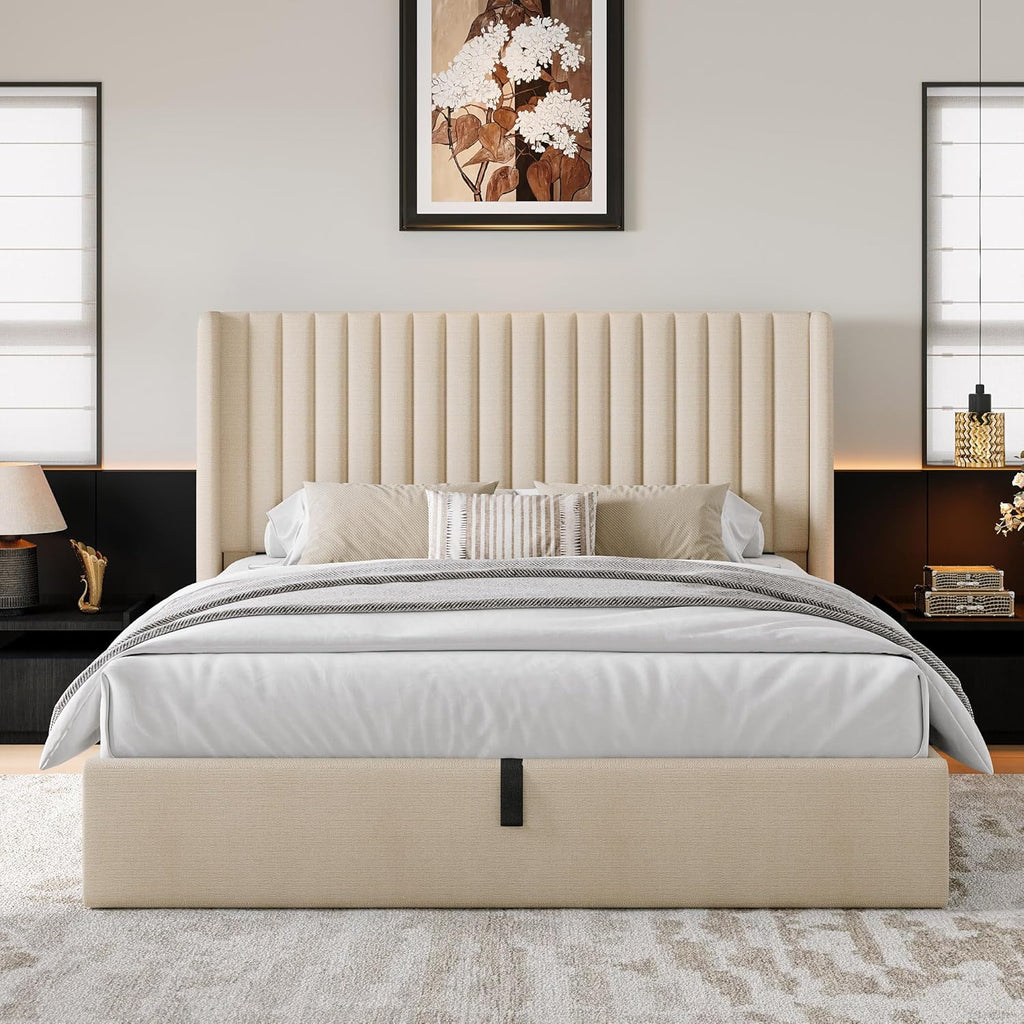 iPormis Full Size Lift up Storage Bed Frame with Wingback Headboard, Modern Linen Upholstered Platform Bedframe with Hydraulic Lifts, Sturdy Wood Slats, Easy Assembly, Beige