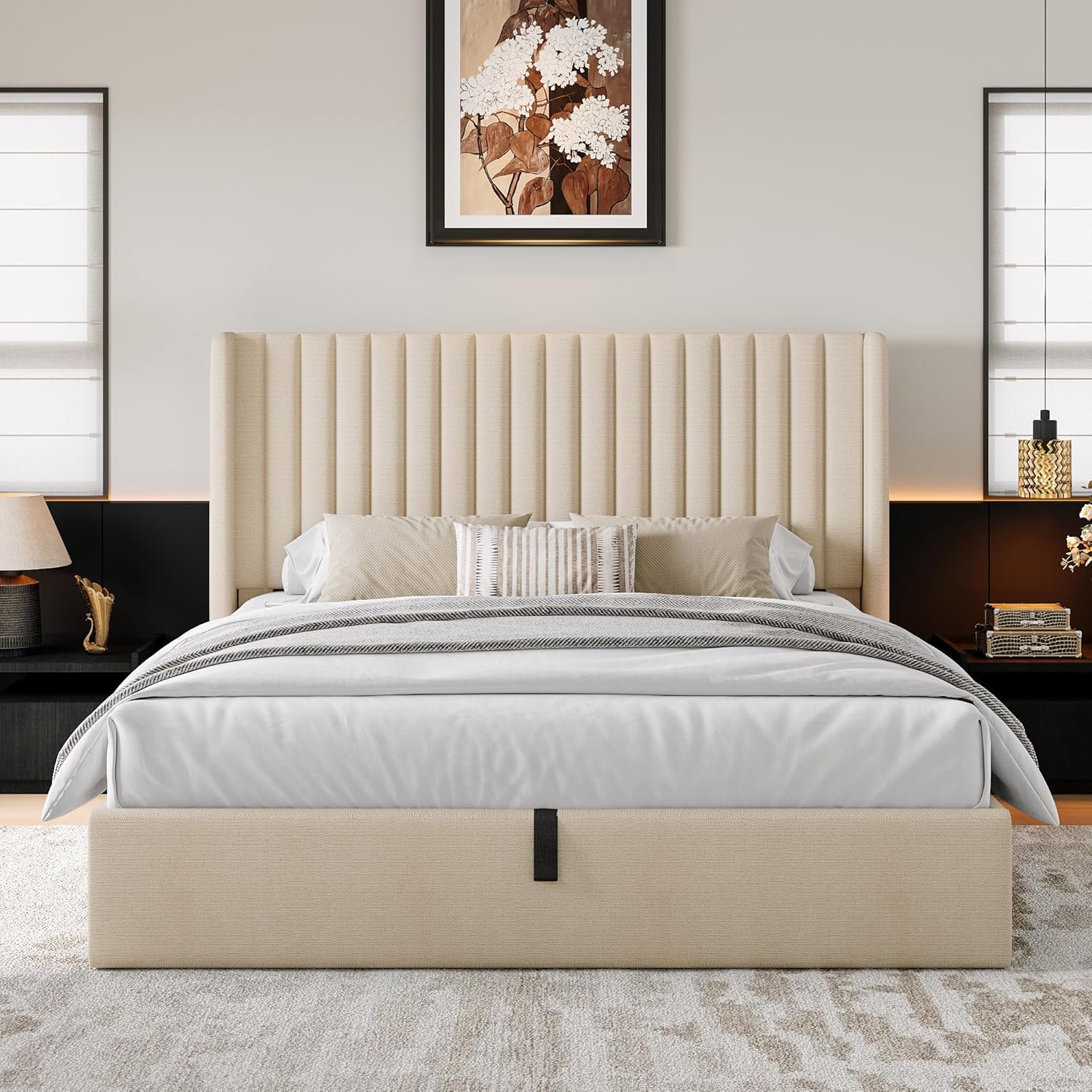 iPormis Full Size Lift up Storage Bed Frame with Wingback Headboard, Modern Linen Upholstered Platform Bedframe with Hydraulic Lifts, Sturdy Wood Slats, Easy Assembly, Beige
