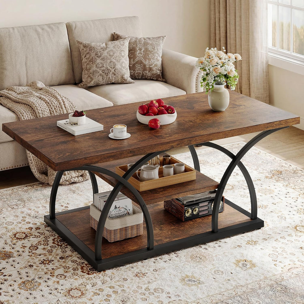 iPormis Rustic Coffee Table with Storage, 3 Tier Center Living Room Tables, 47 Inches Industrial Wood Rectangle Cocktail Tea Accent Table, Semicircle Metal Frame, Brown