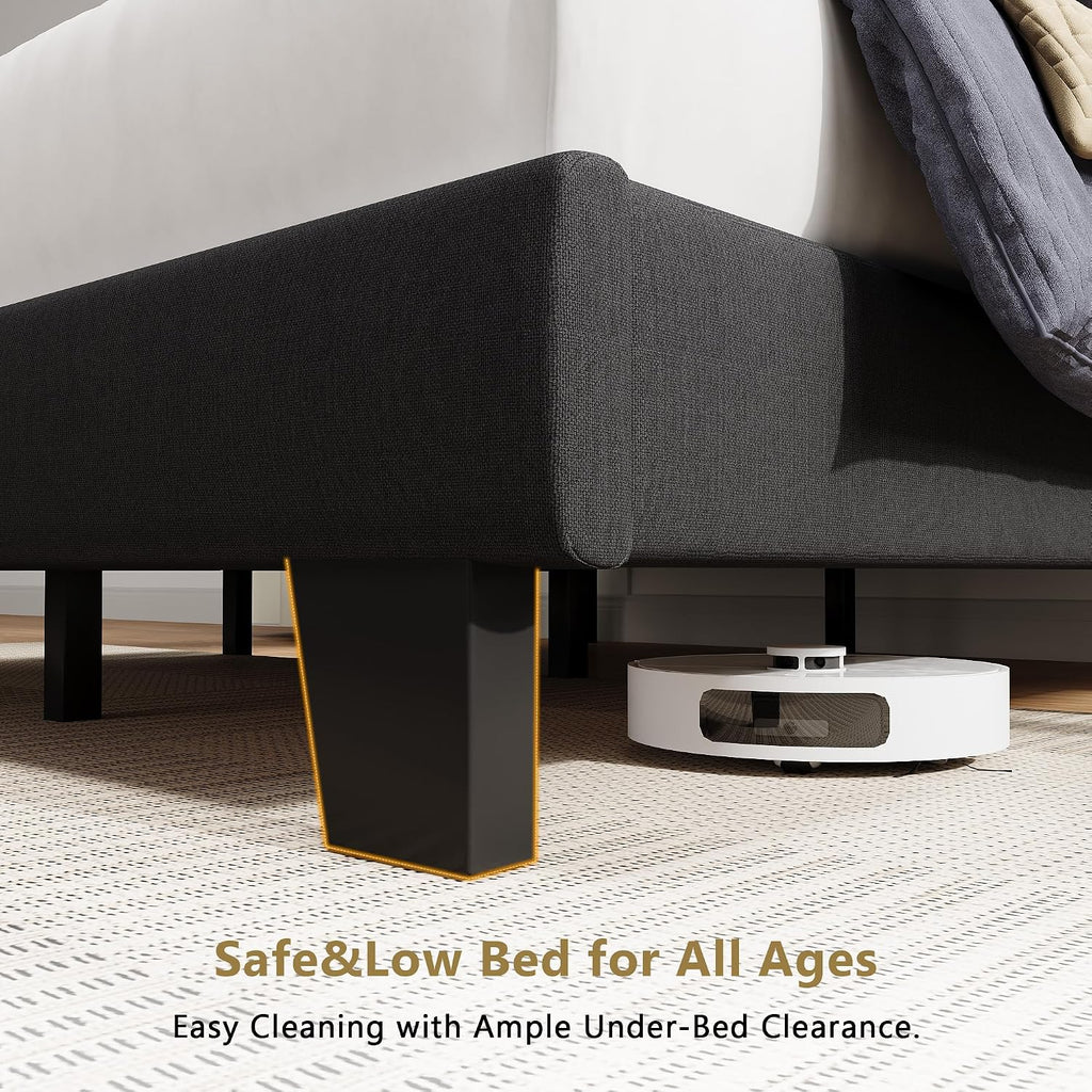 iPormis Full Size Bed Frame, Upholstered Platform Bed with Vertical Linen Headboard, Wide Bed Legs and Strong Wood Slats Support, No Box Spring Needed, Easy Assembly, Noise Free, Black