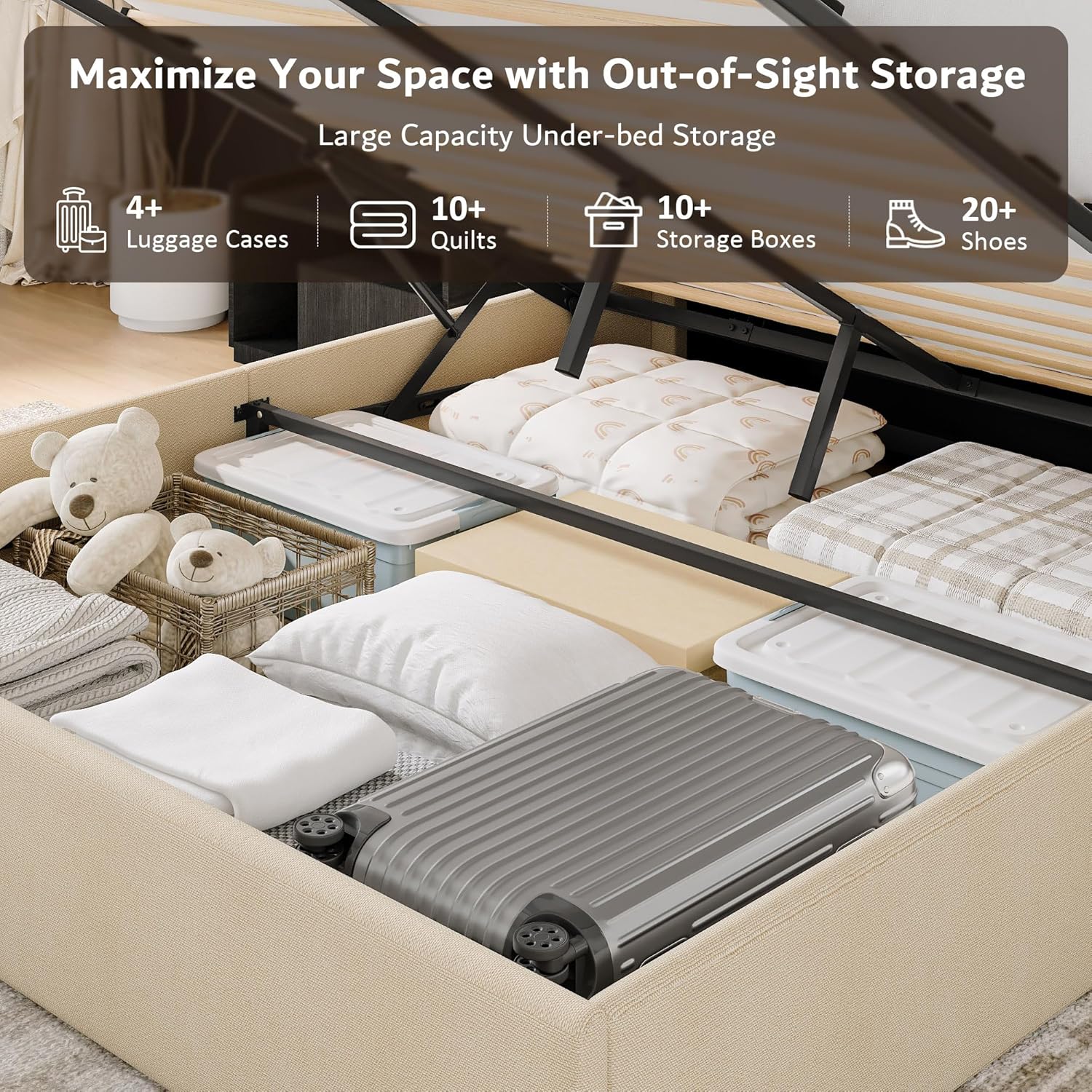 iPormis Full Size Lift up Storage Bed Frame with Wingback Headboard, Modern Linen Upholstered Platform Bedframe with Hydraulic Lifts, Sturdy Wood Slats, Easy Assembly, Beige