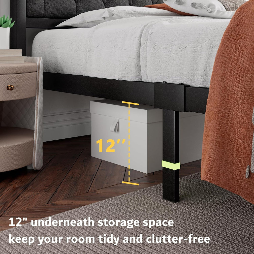iPormis Full Bed Frame with Headboard Faux Leather Upholstered Bed Frame Platform, All Metal Slats Support Platform Bed Frame with 12" Under Bed Space, Noise Free, No Box Spring Needed, Dark Grey