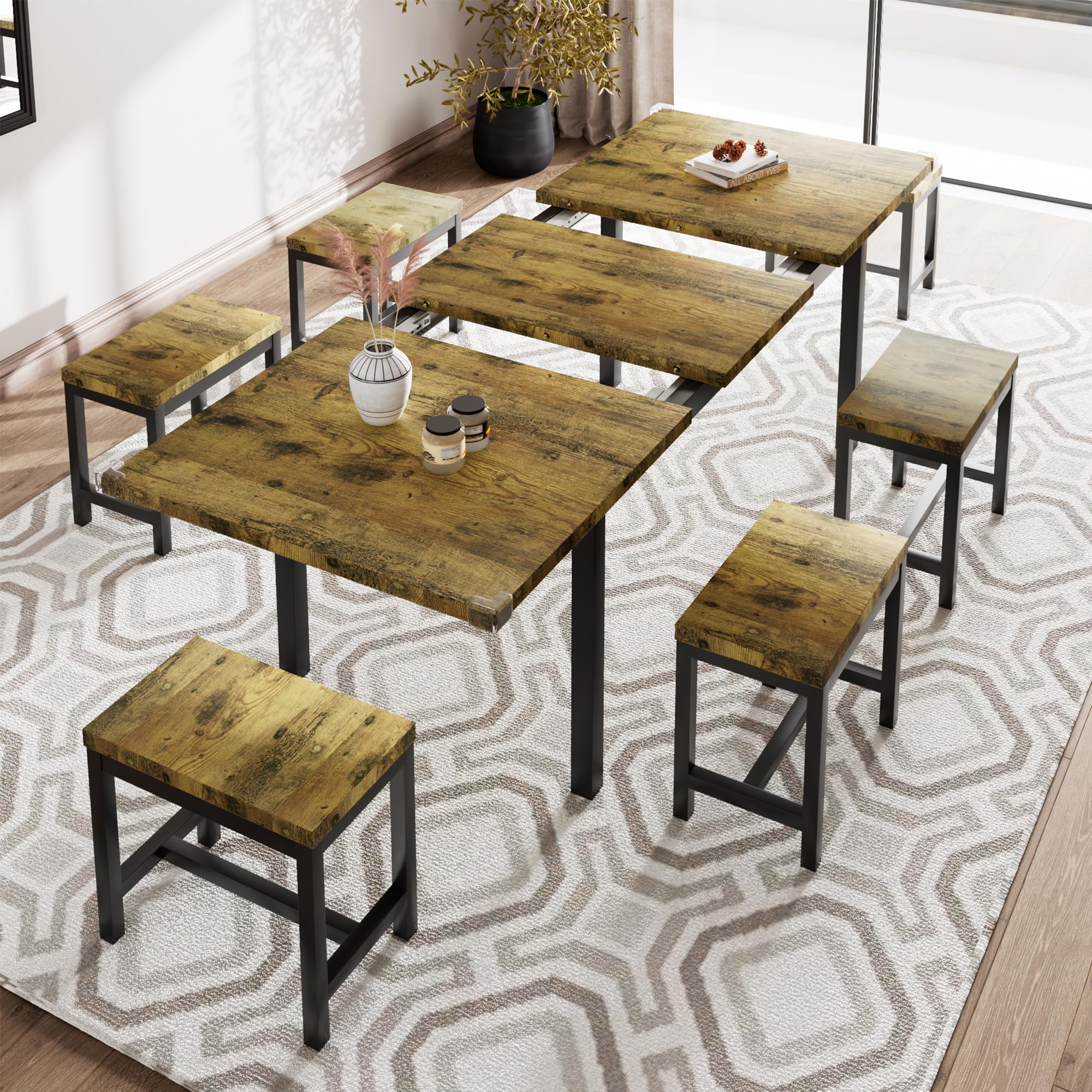 iPormis extendable dining table set with 2 benches and 2 square stools for 4-8 people in a modern kitchen setting.