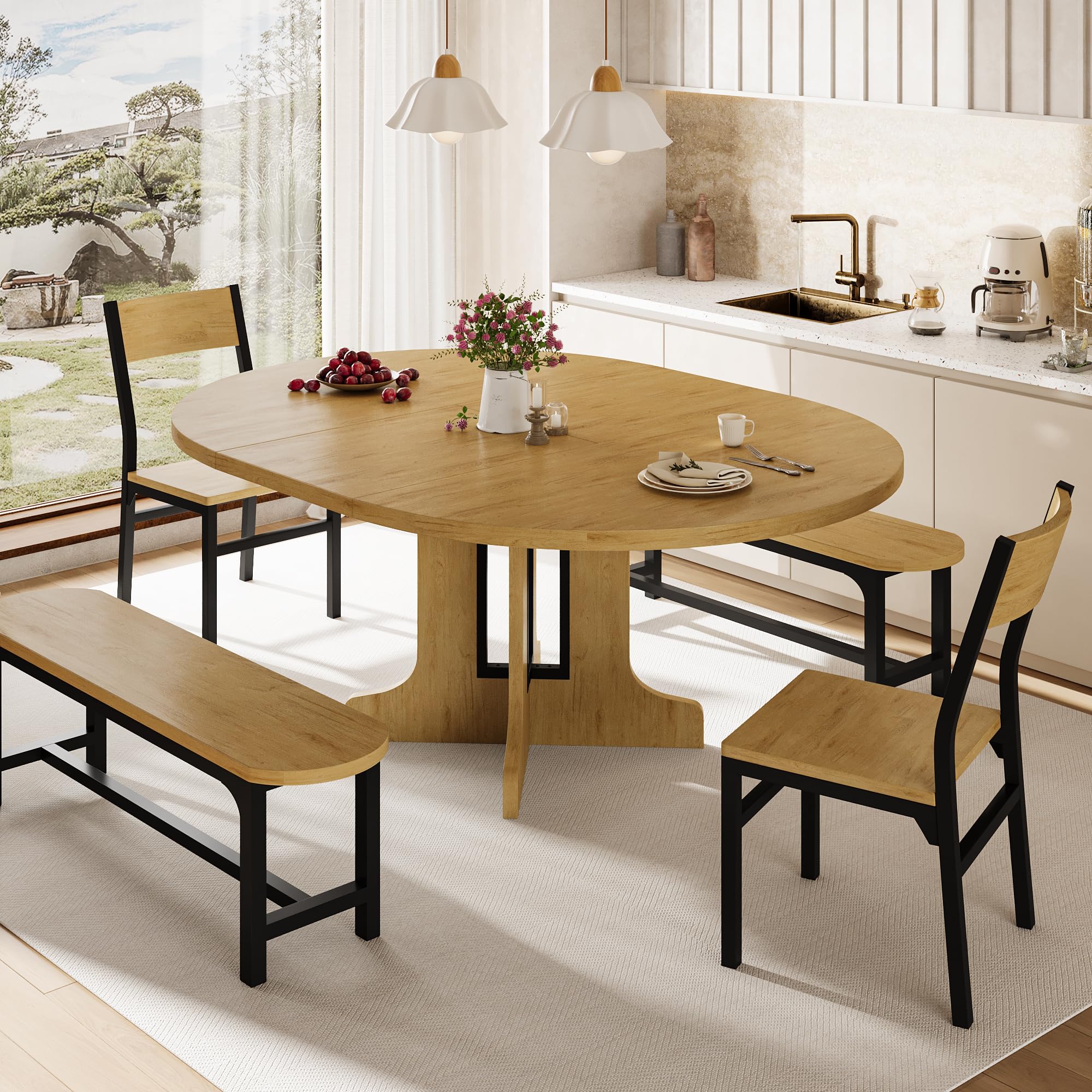 iPormis 5-Piece Round Dining Table Set for 4-6, 59" Extendable Dining Room Table Set with 2 Ergonomic Chairs & 2 Benches, Oval Modern Dinette Table with Metal Frame & MDF Board, Space-Saving, Black