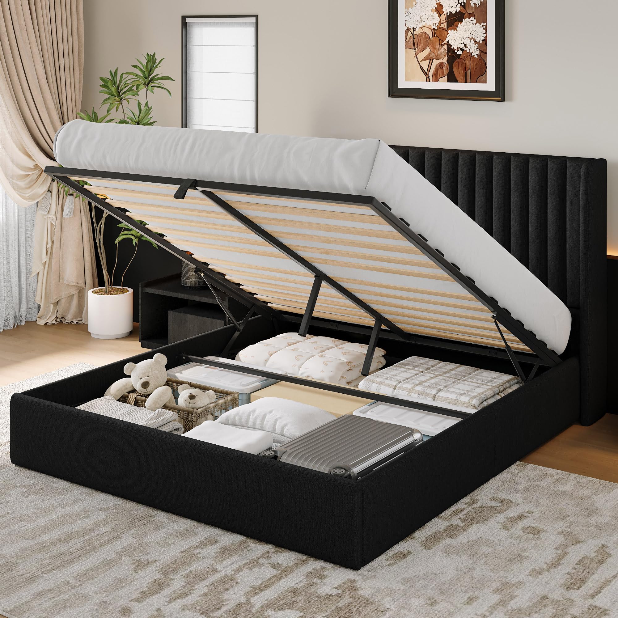 iPormis Full Size Lift up Storage Bed Frame with Wingback Headboard, Modern Linen Upholstered Platform Bedframe with Hydraulic Lifts, Sturdy Wood Slats, Easy Assembly, Beige