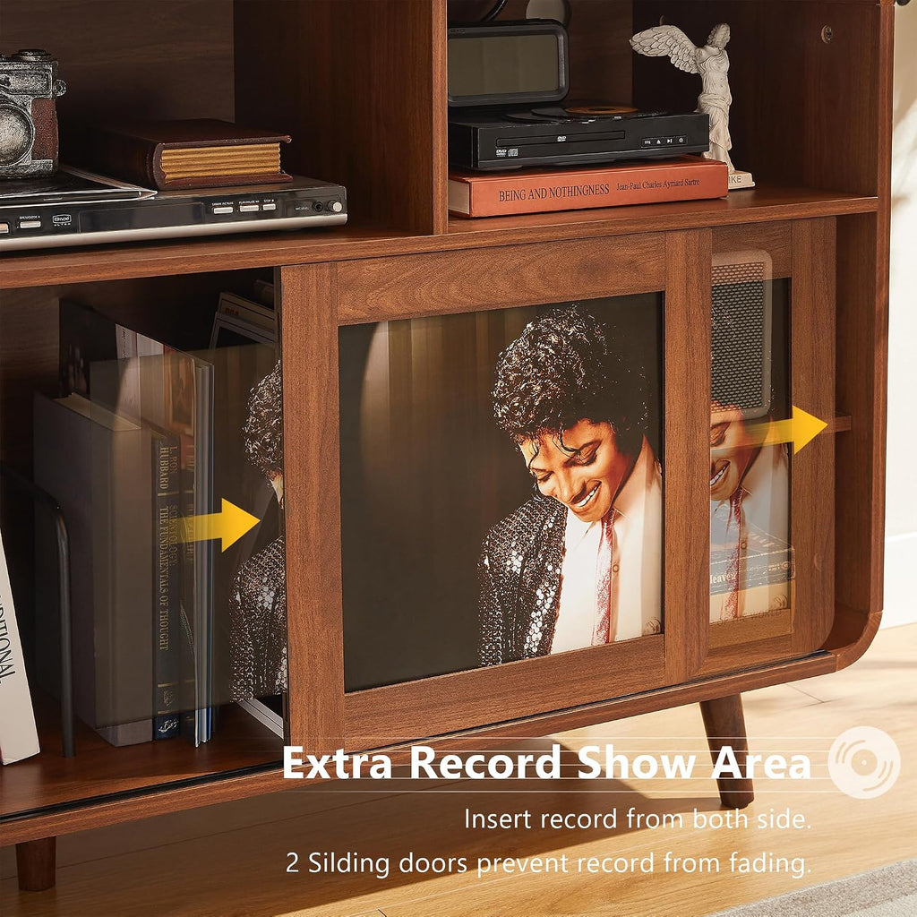 iPormis 56.1" Large Record Player Stand, Record Storage Cabinet with Charging Station, Mid Century Vinyl Player Stand, Adjustable Shelf, Media Cabinet with Sliding Doors for Music&Living Room, Walnut