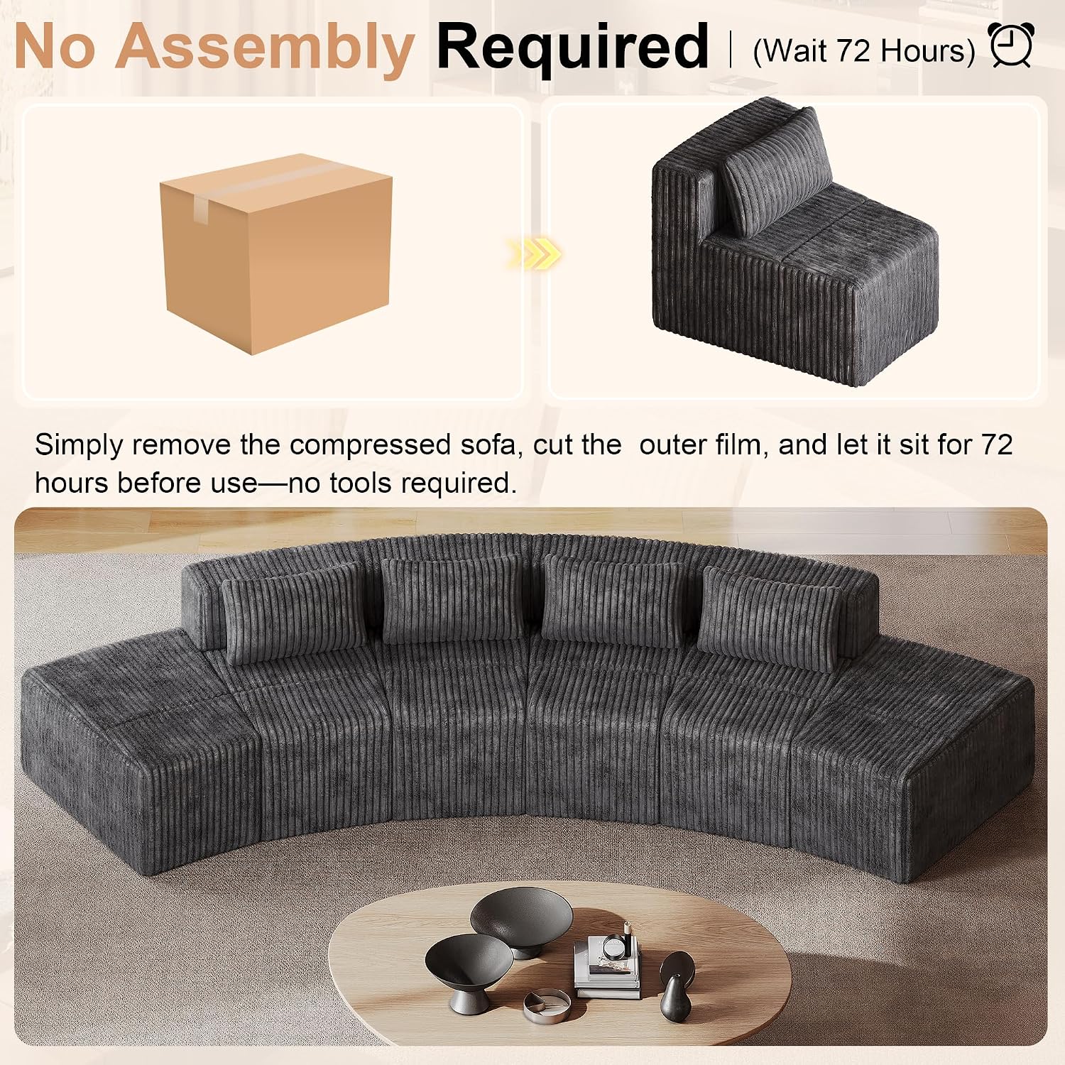 iPormis Boneless Sectional Couches for Living Room, Curved Cloud Couch with Upholstered Corduroy, Modular Sofa with Deep Seat, No Assembly Required, 3 Seats and 2 Ottomans, Dark Gray