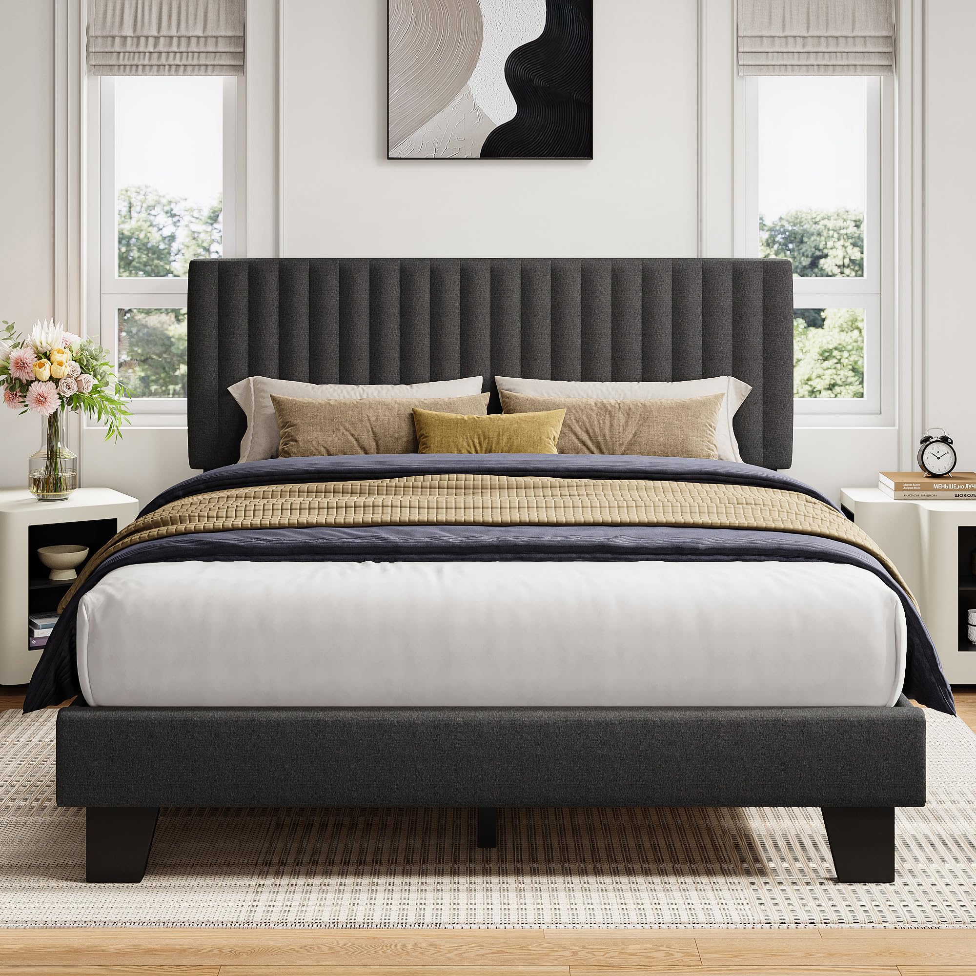 iPormis Queen Size Bed Frame, Upholstered Platform Bed with Vertical Linen Headboard, Wide Bed Legs and Strong Wood Slats Support, No Box Spring Needed, Easy Assembly, Noise Free, Beige