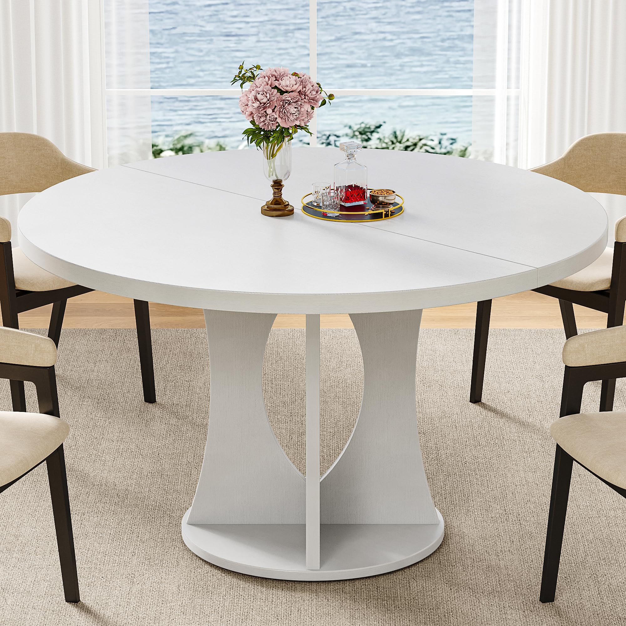 iPormis 47 Inch Round Dining Table for 4-6 People, Wooden Dining Room Table with Pedestal Base, Modern Kitchen Table for Small Spaces, Black, Table Only