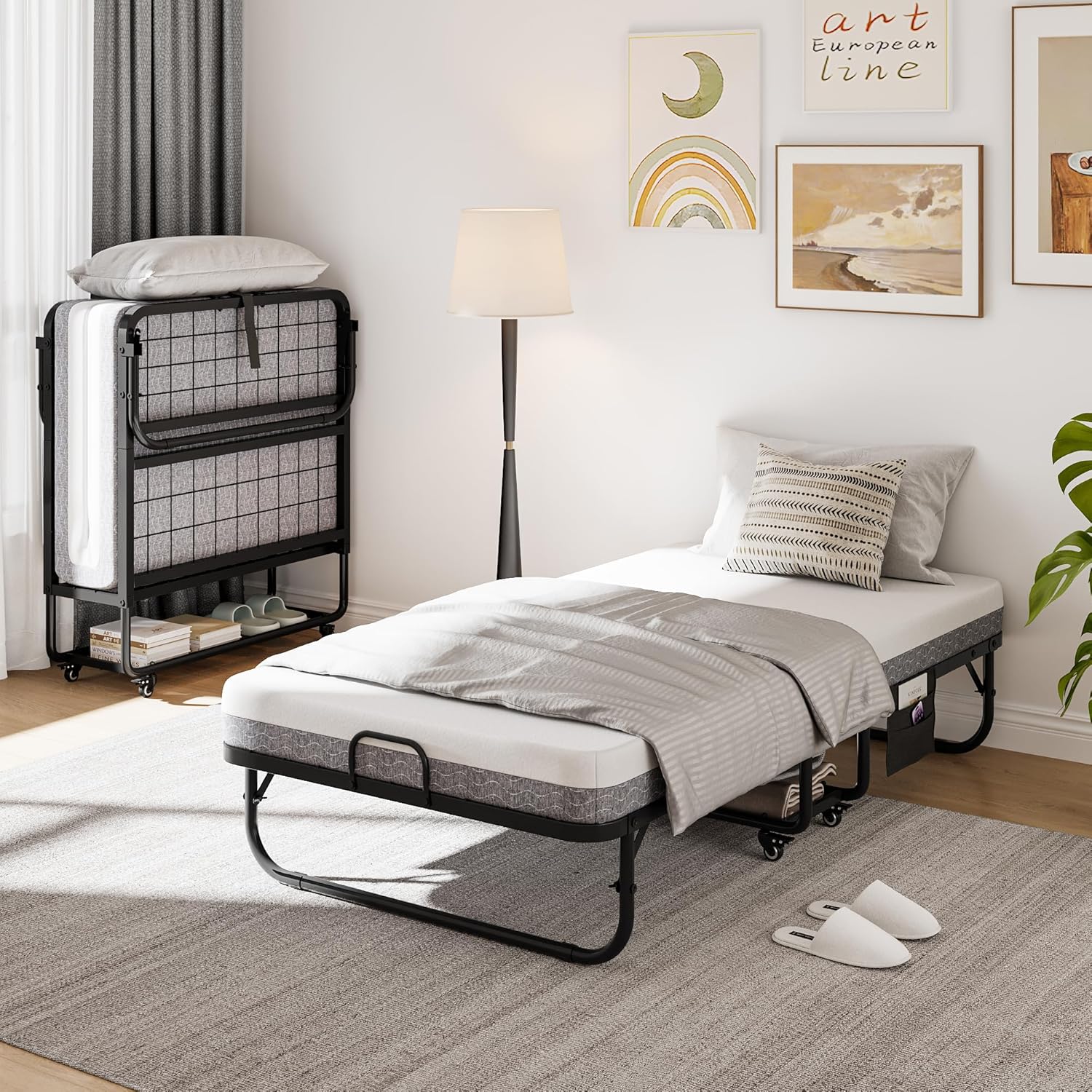 iPormis Folding Bed with Mattress, 76" x 38" Twin Foldable Bed with Side Pocket & Storage Shelf, Portable Rollaway Beds for Adults, Folded Up Beds w/Sturdy Metal Frame for Guest, Space Saving