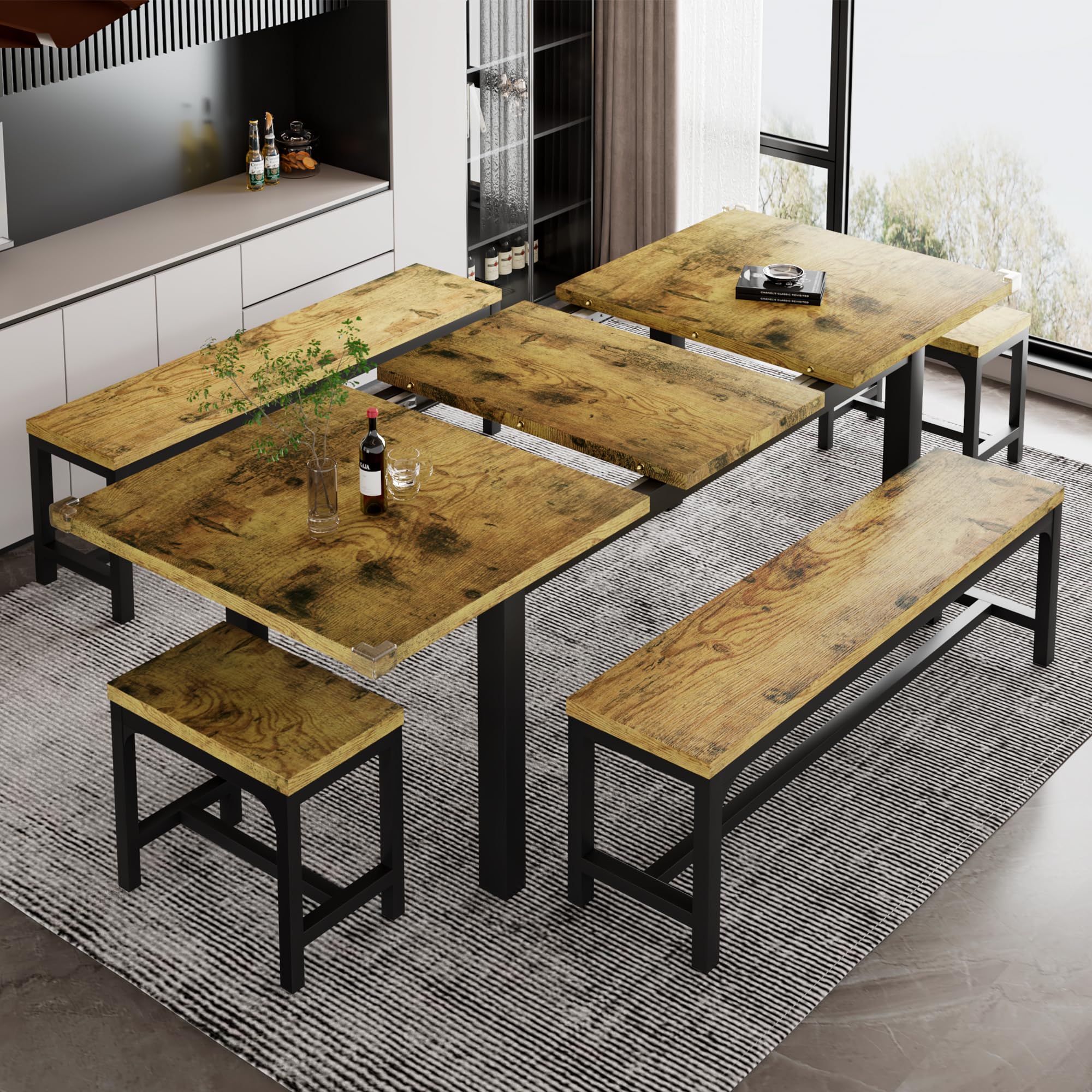 iPormis 7-piece dining table set with 63" extendable table and six stools in a modern kitchen setting.