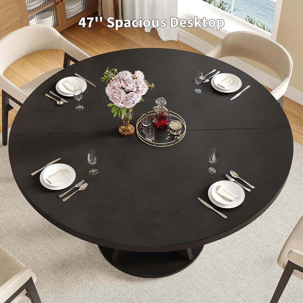 iPormis 47 Inch Round Dining Table for 4-6 People, Wooden Dining Room Table with Pedestal Base, Modern Kitchen Table for Small Spaces, Black, Table Only