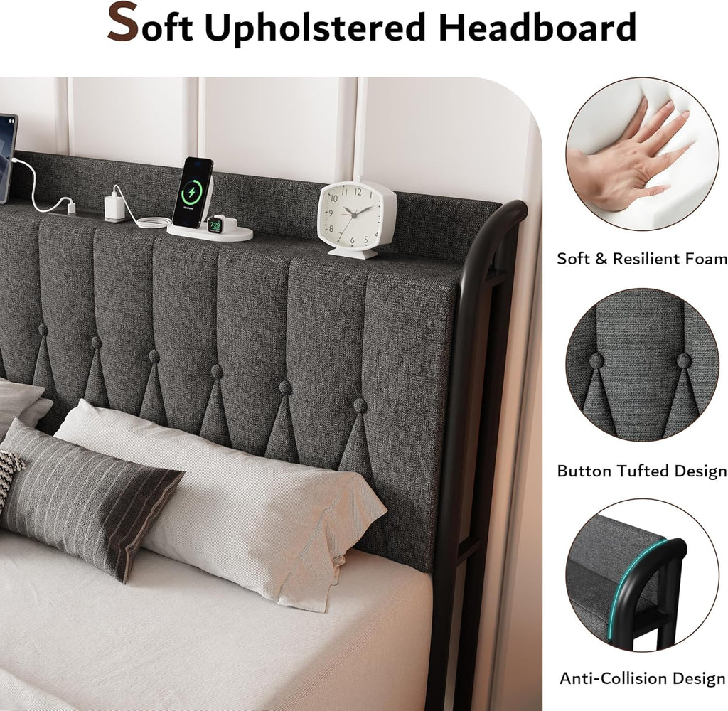 iPormis Metal Bed Frame Queen Size with Charging Station, Velvet Upholstered Headboard and Footboard, Heavy Duty Steel Support, 12" Under Bed Storage, No Box Spring Needed, Easy Assembly, Dark Grey