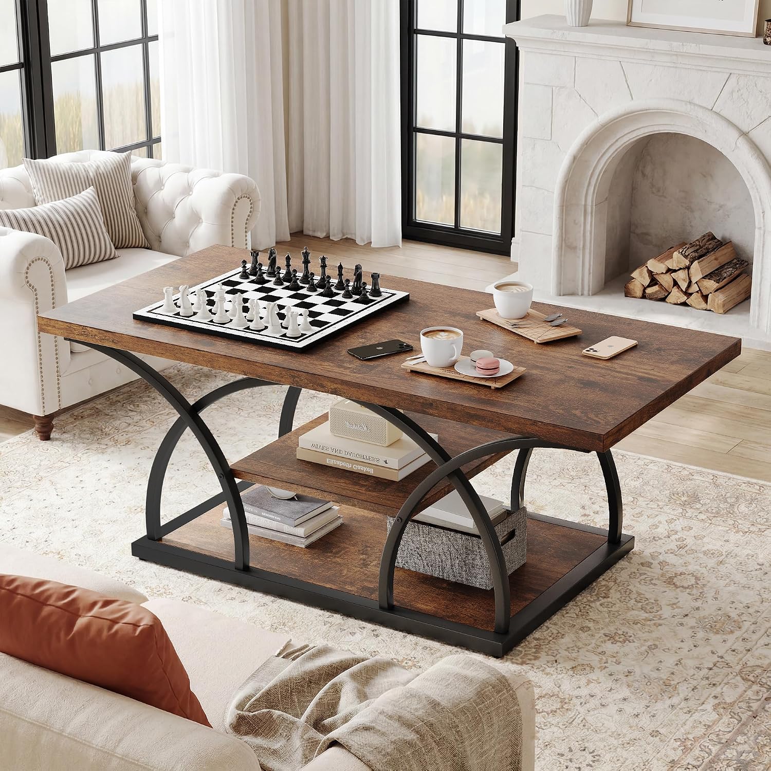 iPormis Rustic Coffee Table with Storage, 3 Tier Center Living Room Tables, 47 Inches Industrial Wood Rectangle Cocktail Tea Accent Table, Semicircle Metal Frame, Brown